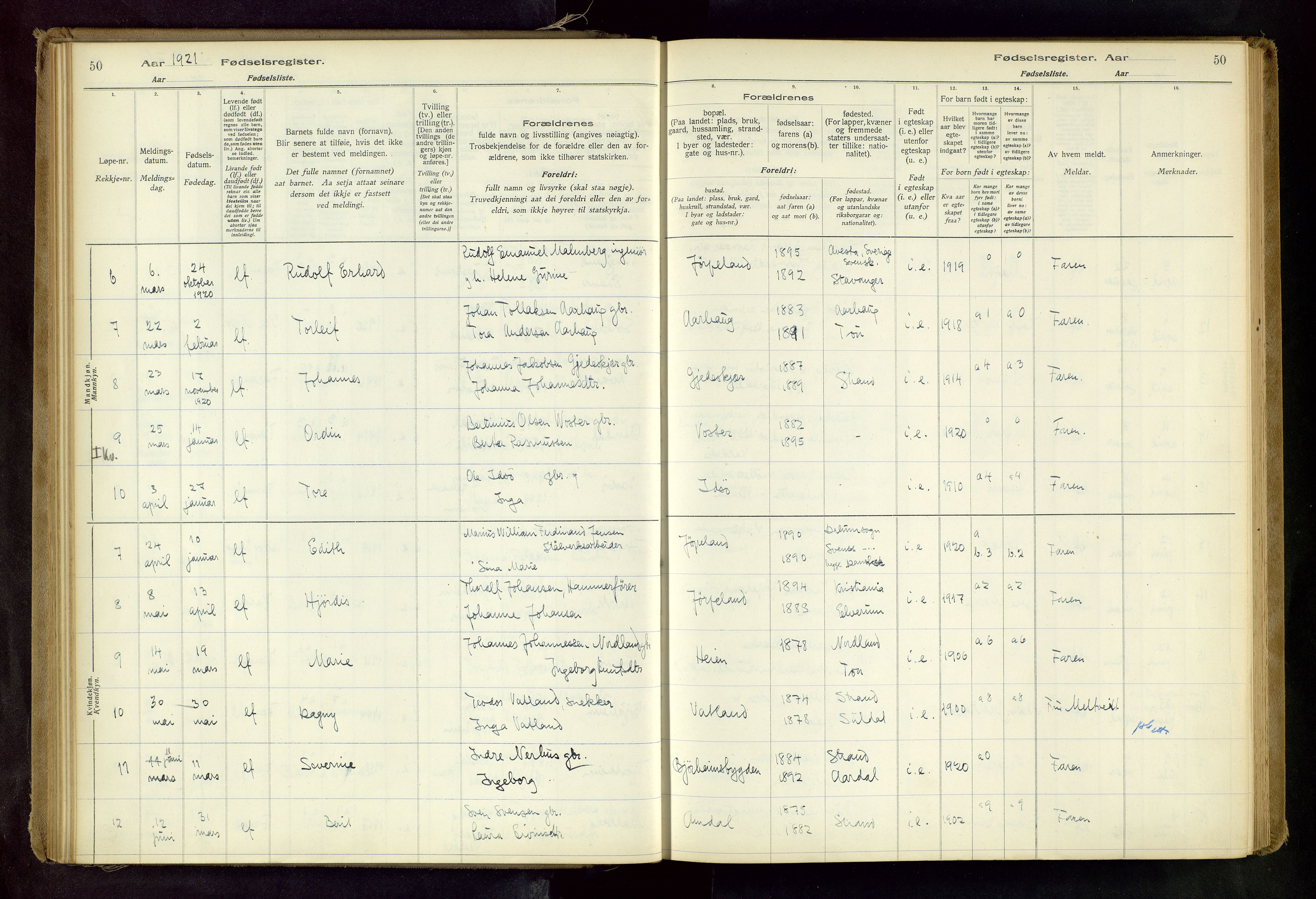 Strand sokneprestkontor, SAST/A-101828/I/Id/L0001: Fødselsregister nr. 1, 1916-1938, s. 50