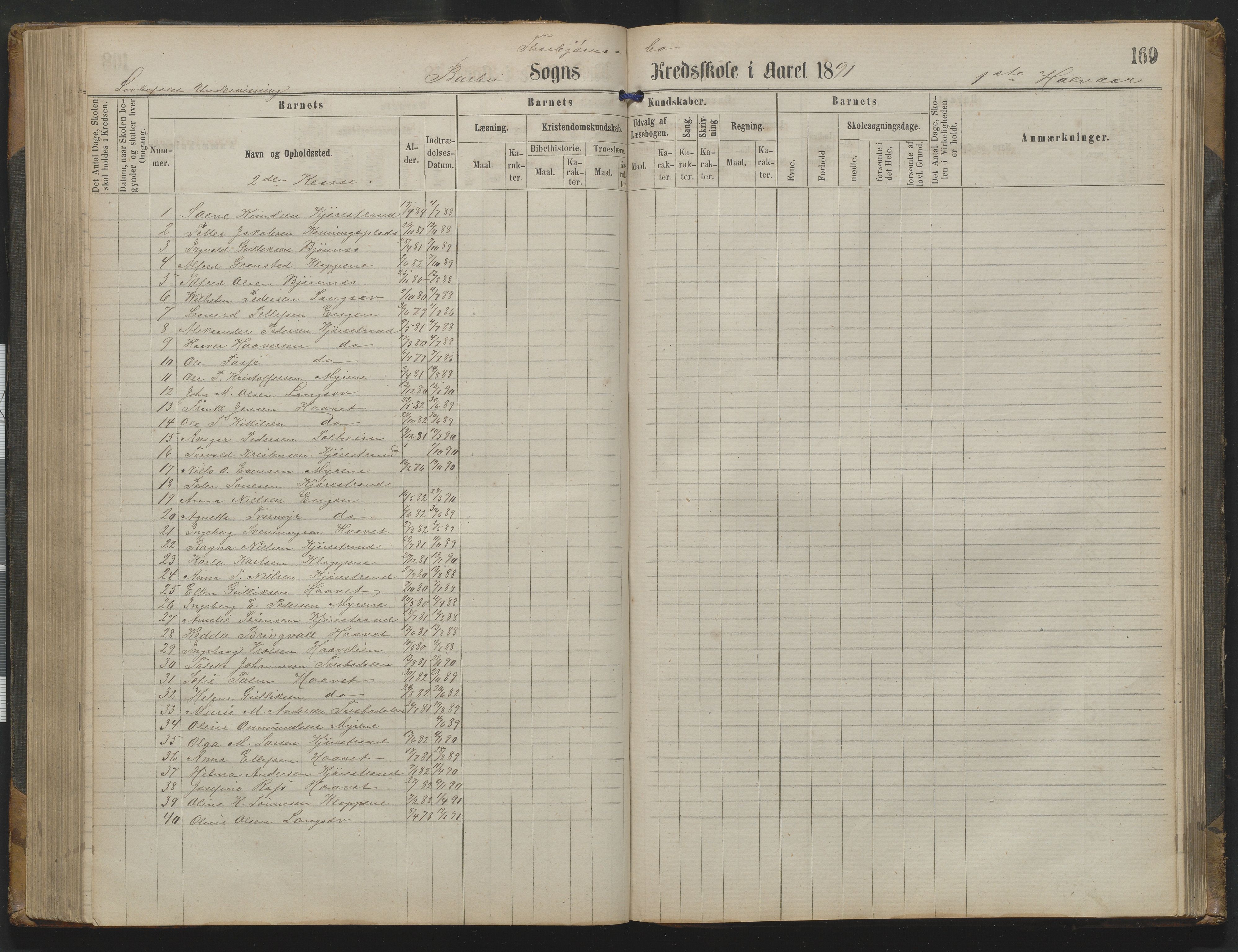 Arendal kommune, Katalog I, AAKS/KA0906-PK-I/07/L0342: Protokoll Torbjørnsbu skole, 1869-1890, s. 169