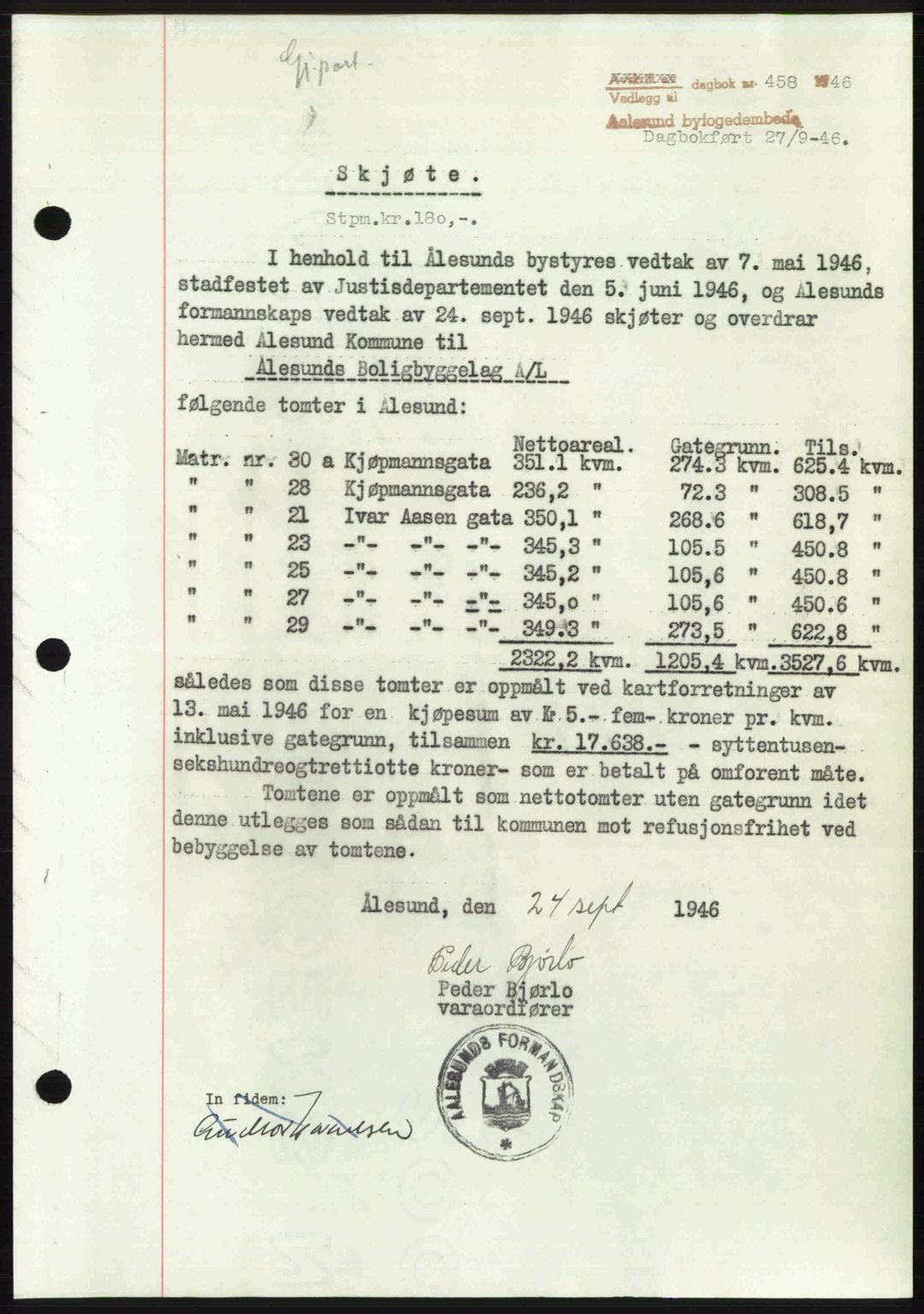 Ålesund byfogd, SAT/A-4384: Pantebok nr. 36b, 1946-1947, Dagboknr: 458/1946