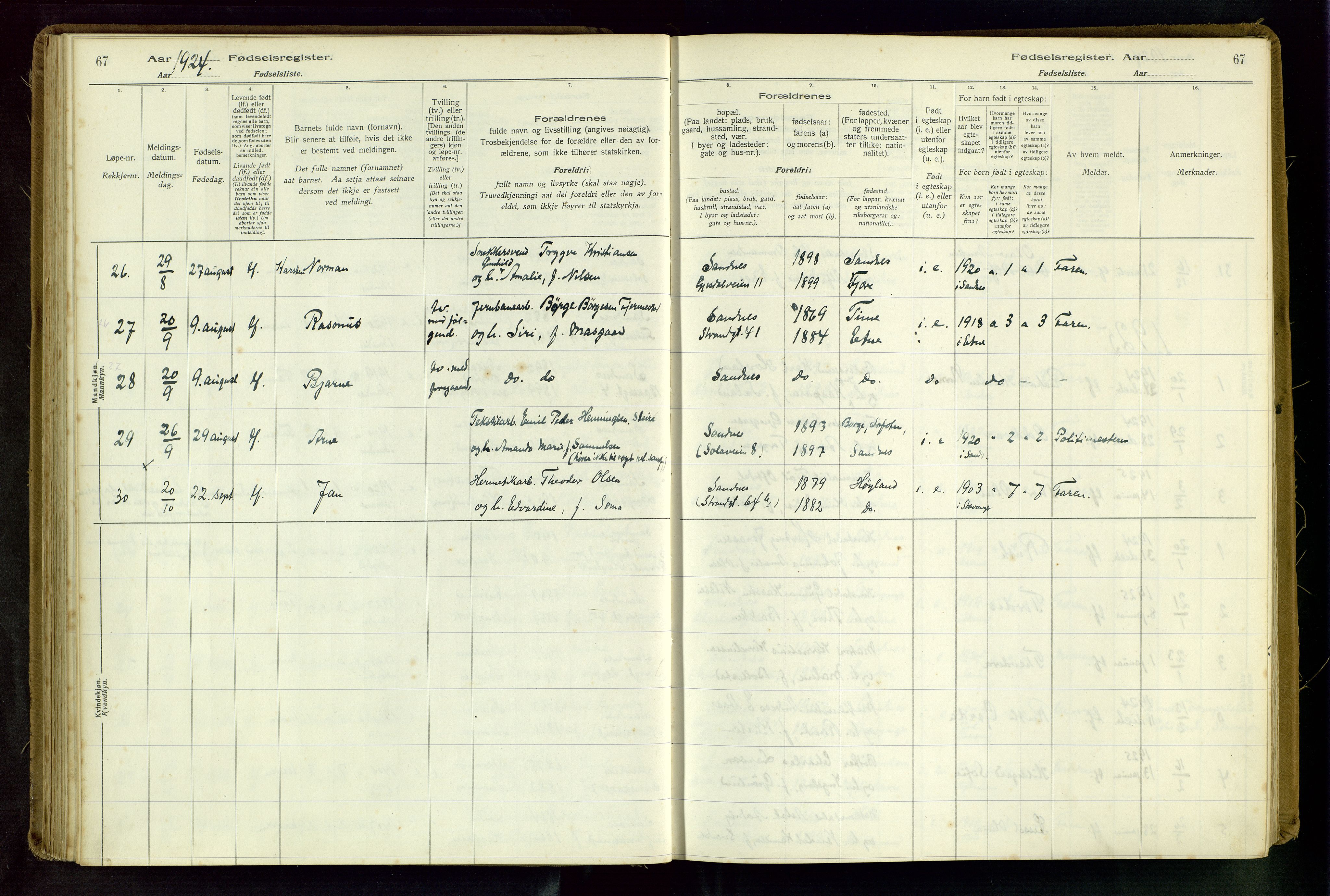 Sandnes sokneprestkontor, SAST/A-101800/704BA/L0001: Fødselsregister nr. 1, 1916-1942, s. 67