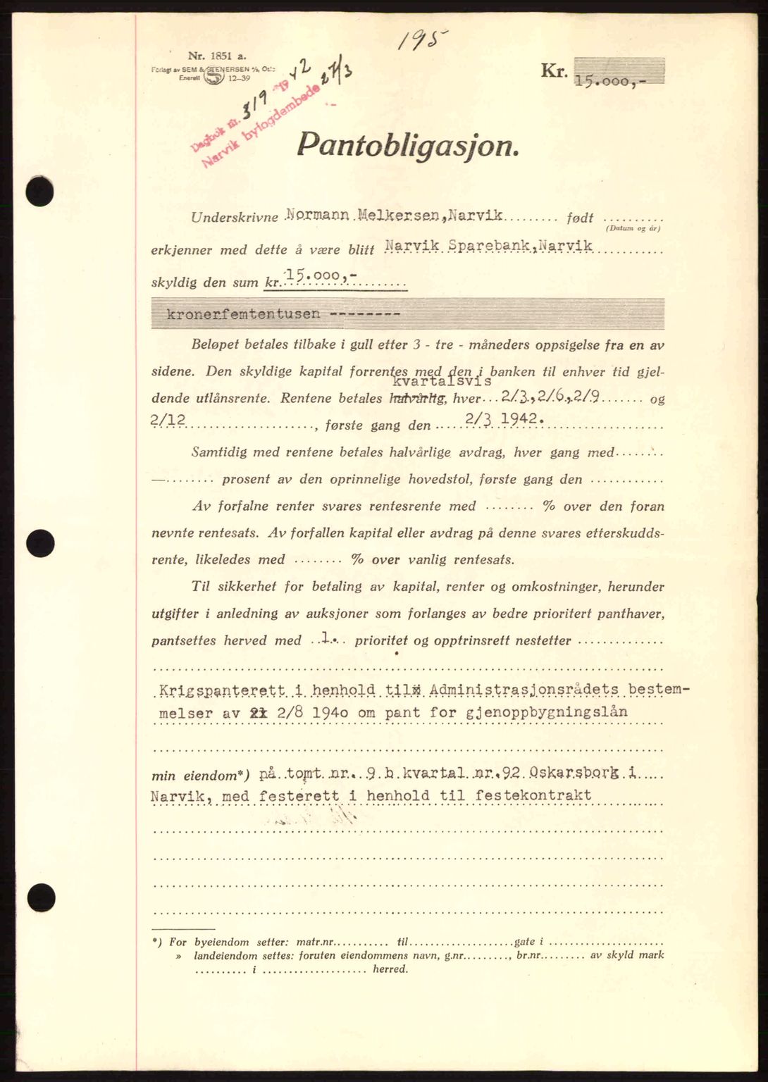 Narvik sorenskriveri, SAT/A-0002/1/2/2C/2Ca: Pantebok nr. A19, 1942-1943, Dagboknr: 319/1942