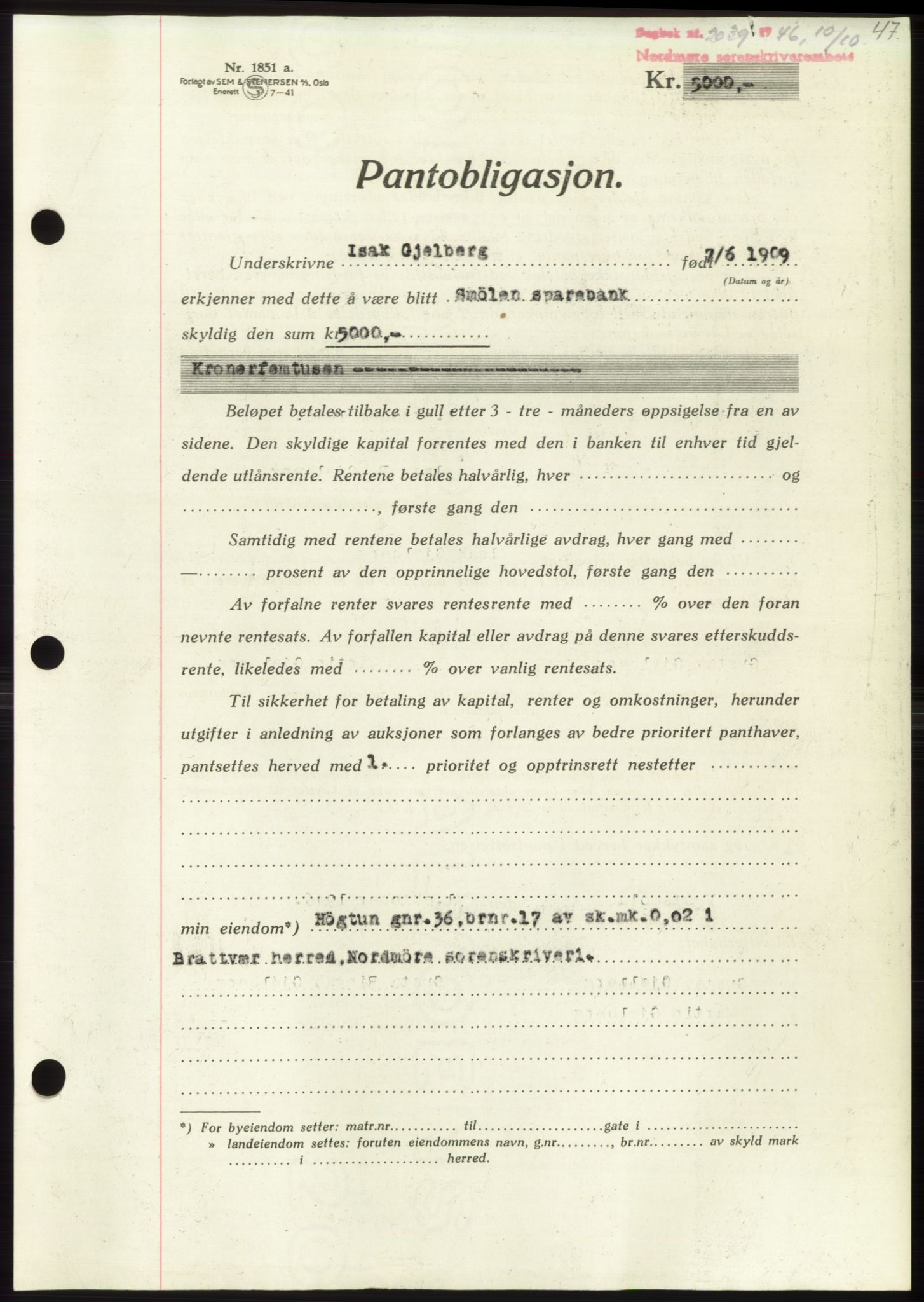 Nordmøre sorenskriveri, SAT/A-4132/1/2/2Ca: Pantebok nr. B95, 1946-1947, Dagboknr: 2039/1946