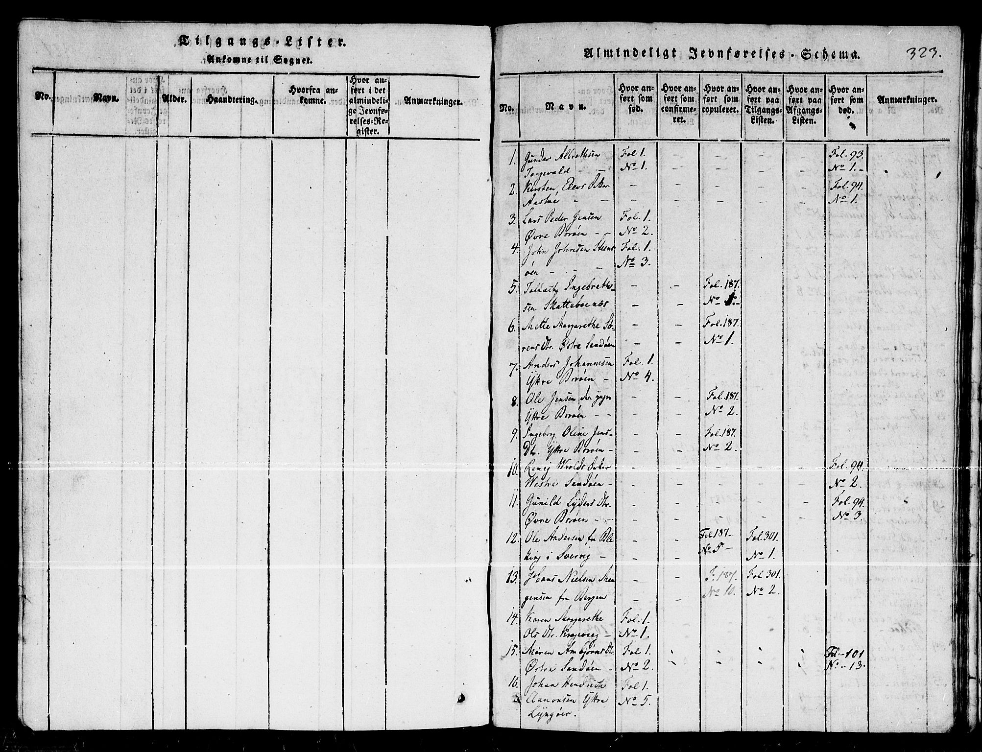 Dypvåg sokneprestkontor, AV/SAK-1111-0007/F/Fb/Fba/L0009: Klokkerbok nr. B 9, 1816-1842, s. 323