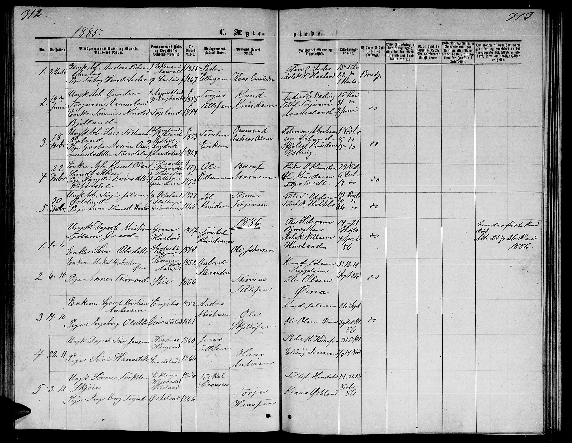 Herefoss sokneprestkontor, AV/SAK-1111-0019/F/Fb/Fba/L0002: Klokkerbok nr. B 2, 1868-1886, s. 312-313