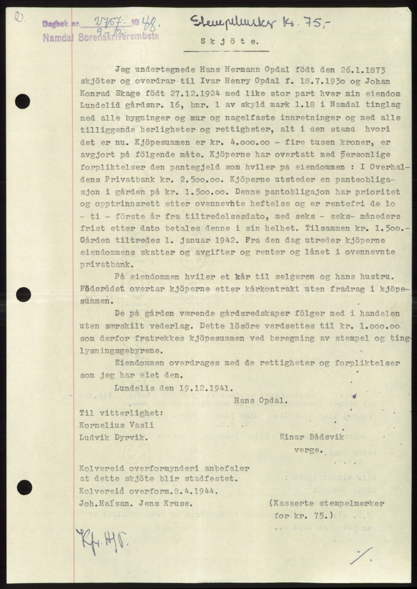 Namdal sorenskriveri, SAT/A-4133/1/2/2C: Pantebok nr. -, 1948-1948, Dagboknr: 2757/1948