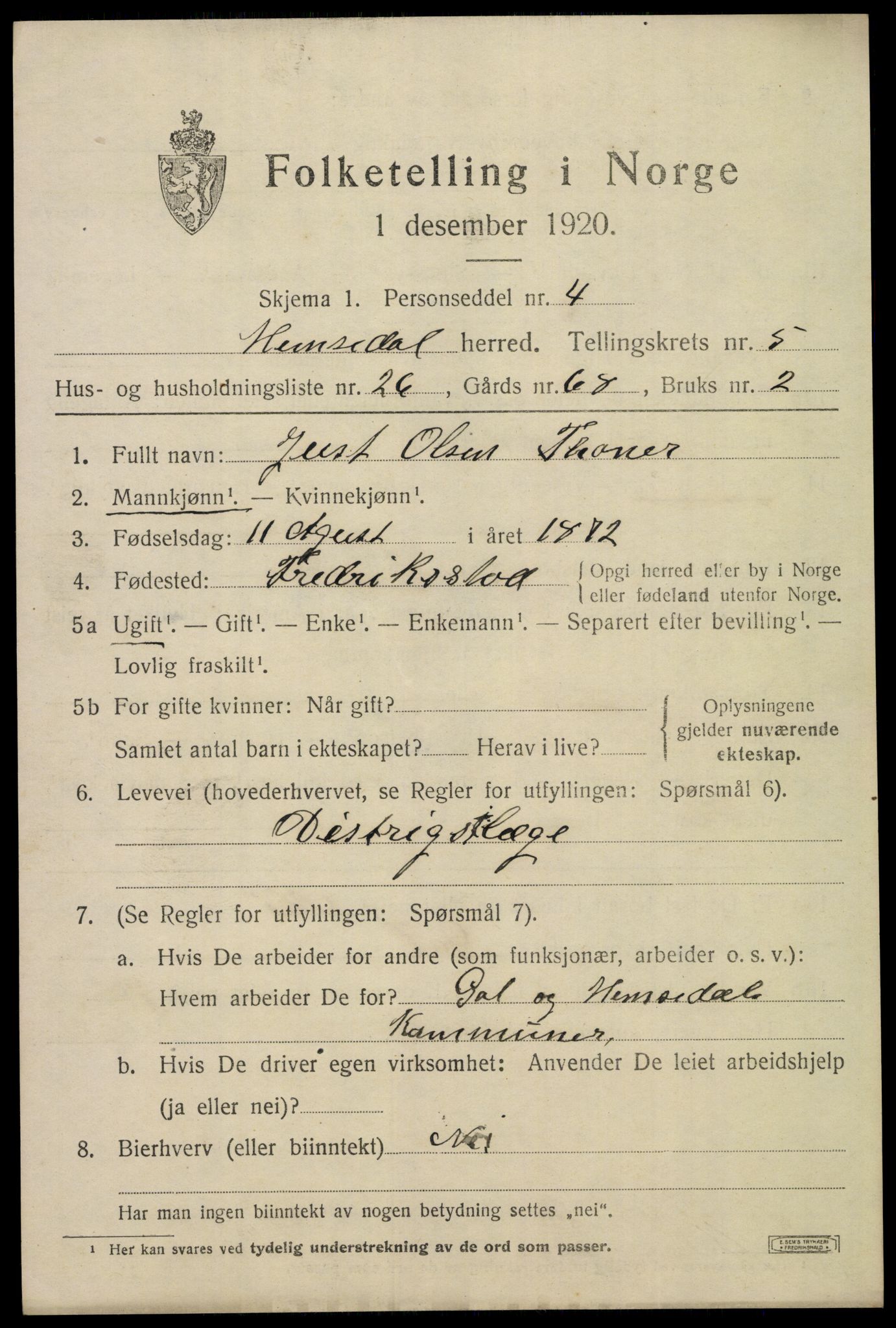 SAKO, Folketelling 1920 for 0618 Hemsedal herred, 1920, s. 2346
