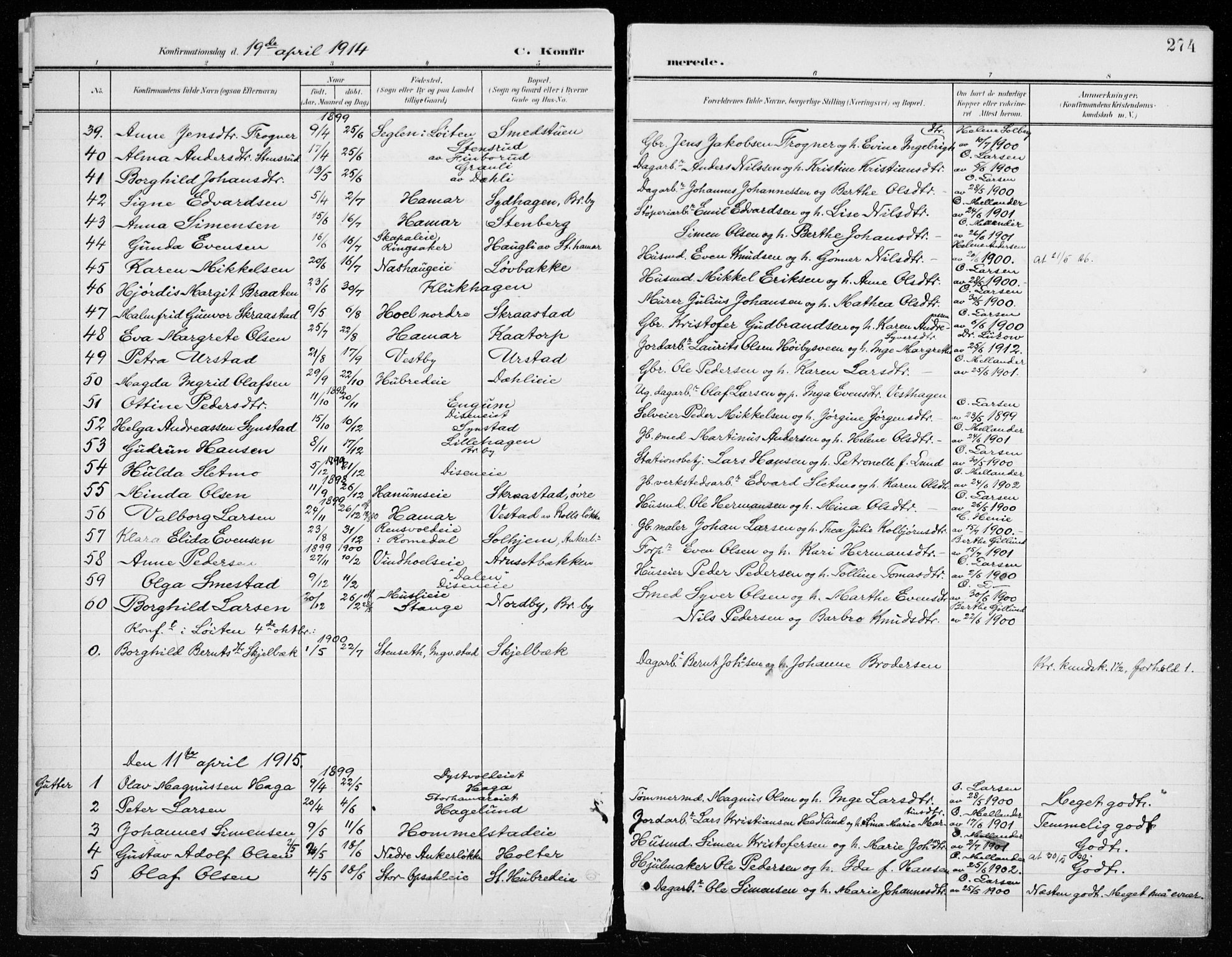 Vang prestekontor, Hedmark, AV/SAH-PREST-008/H/Ha/Haa/L0021: Ministerialbok nr. 21, 1902-1917, s. 274