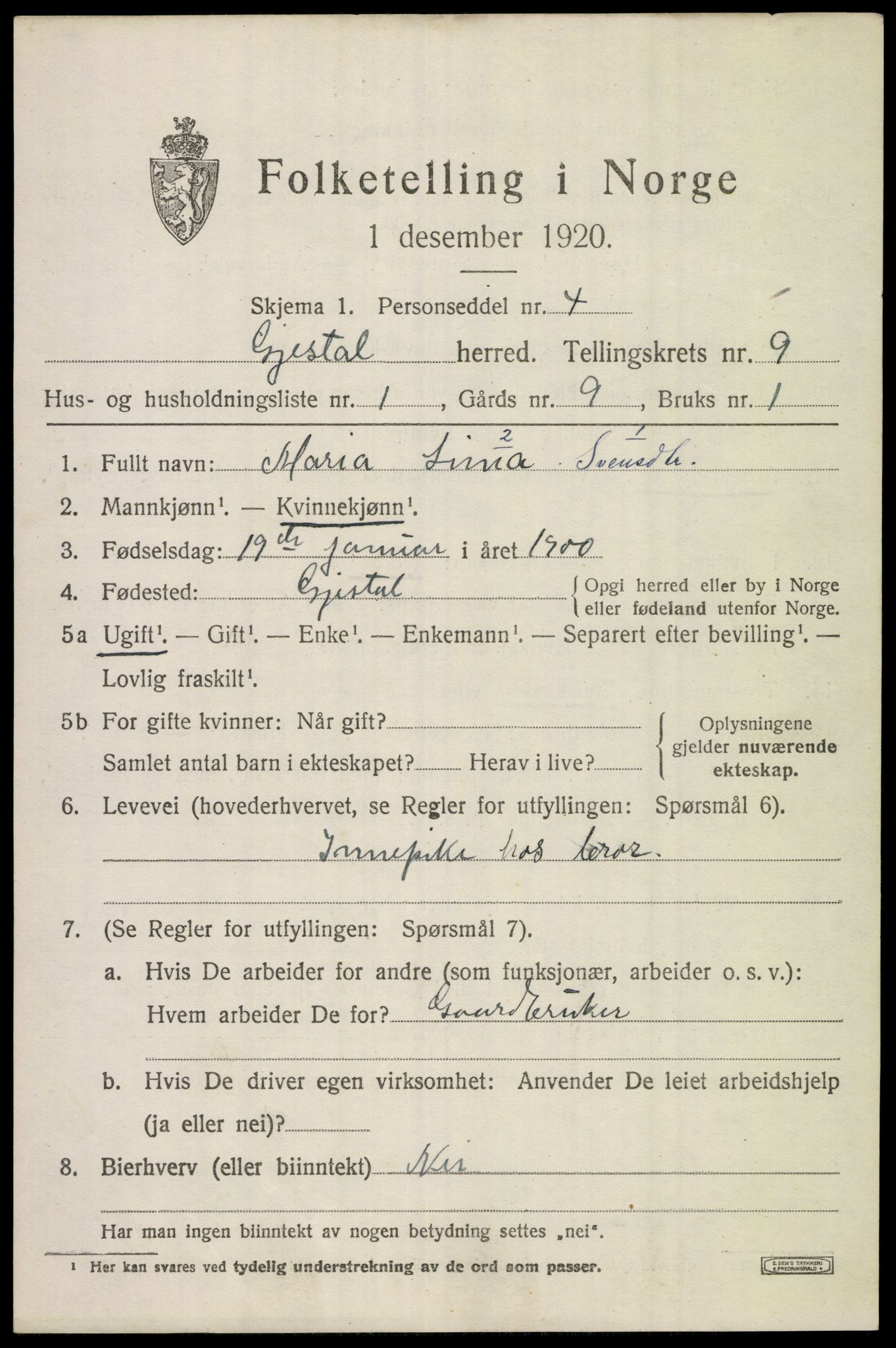 SAST, Folketelling 1920 for 1122 Gjesdal herred, 1920, s. 4242