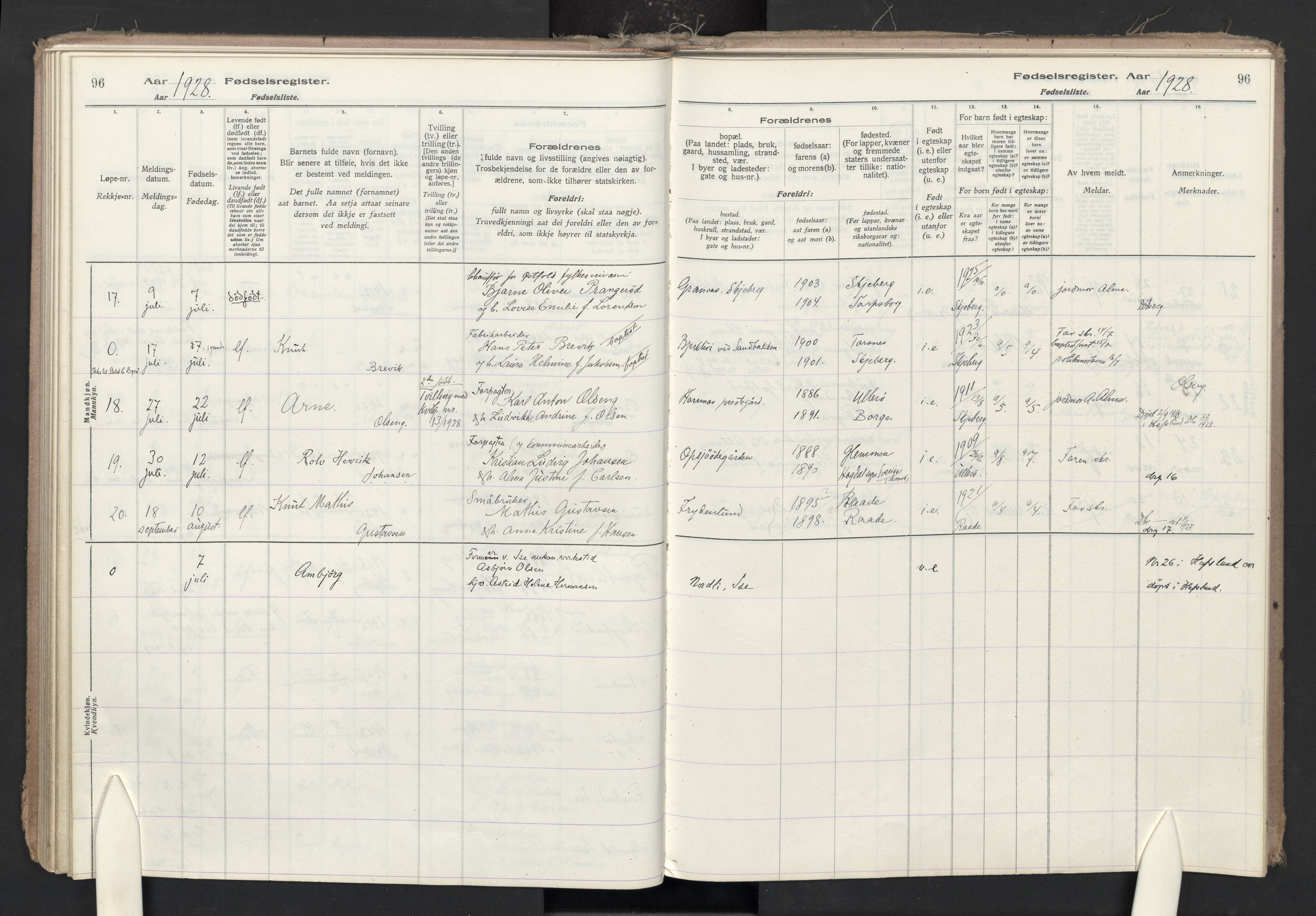 Skjeberg prestekontor Kirkebøker, AV/SAO-A-10923/J/Ja/L0001: Fødselsregister nr. I 1, 1916-1945, s. 96