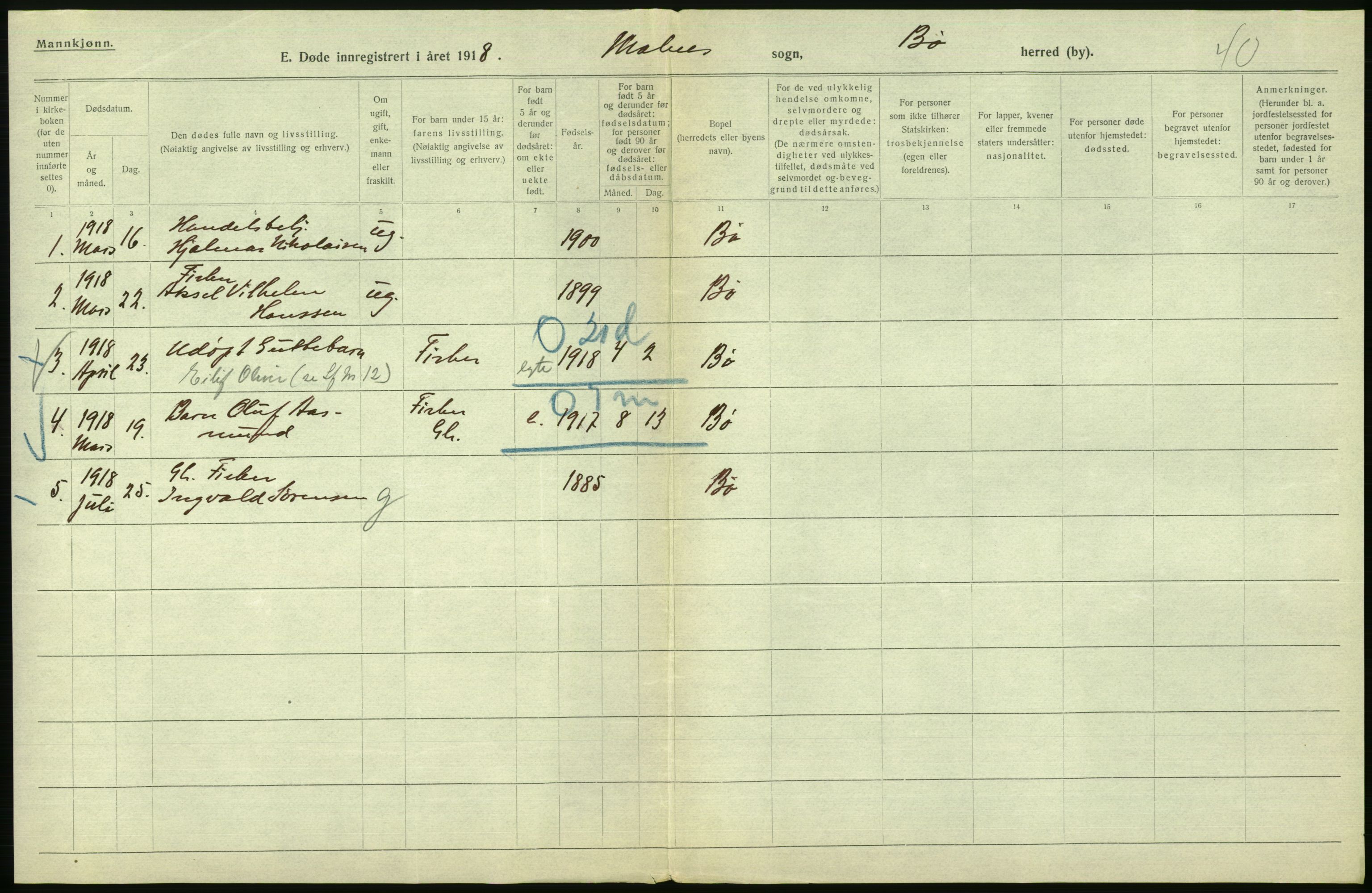 Statistisk sentralbyrå, Sosiodemografiske emner, Befolkning, AV/RA-S-2228/D/Df/Dfb/Dfbh/L0055: Nordland fylke: Døde. Bygder og byer., 1918, s. 464