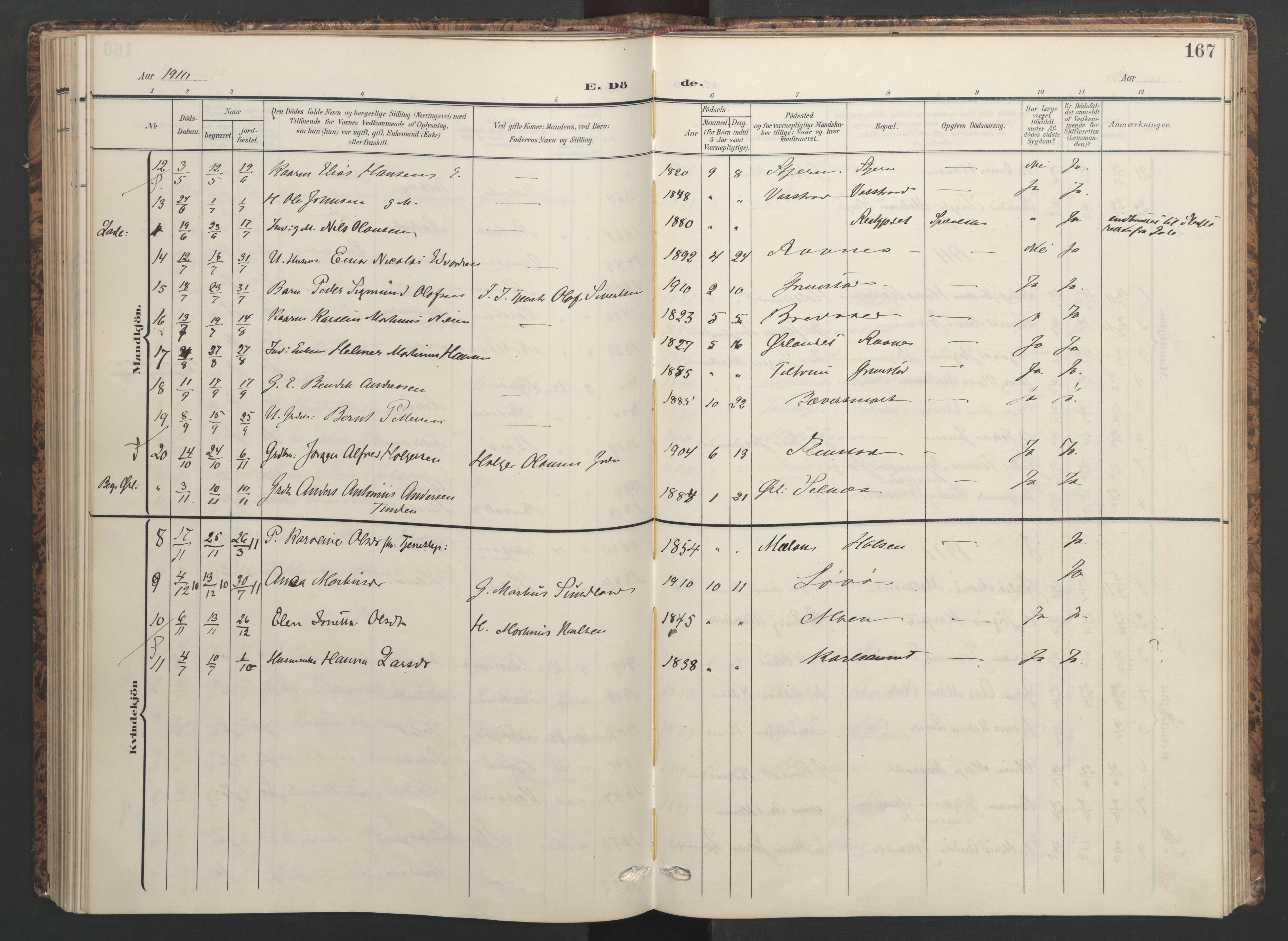 Ministerialprotokoller, klokkerbøker og fødselsregistre - Sør-Trøndelag, AV/SAT-A-1456/655/L0682: Ministerialbok nr. 655A11, 1908-1922, s. 167