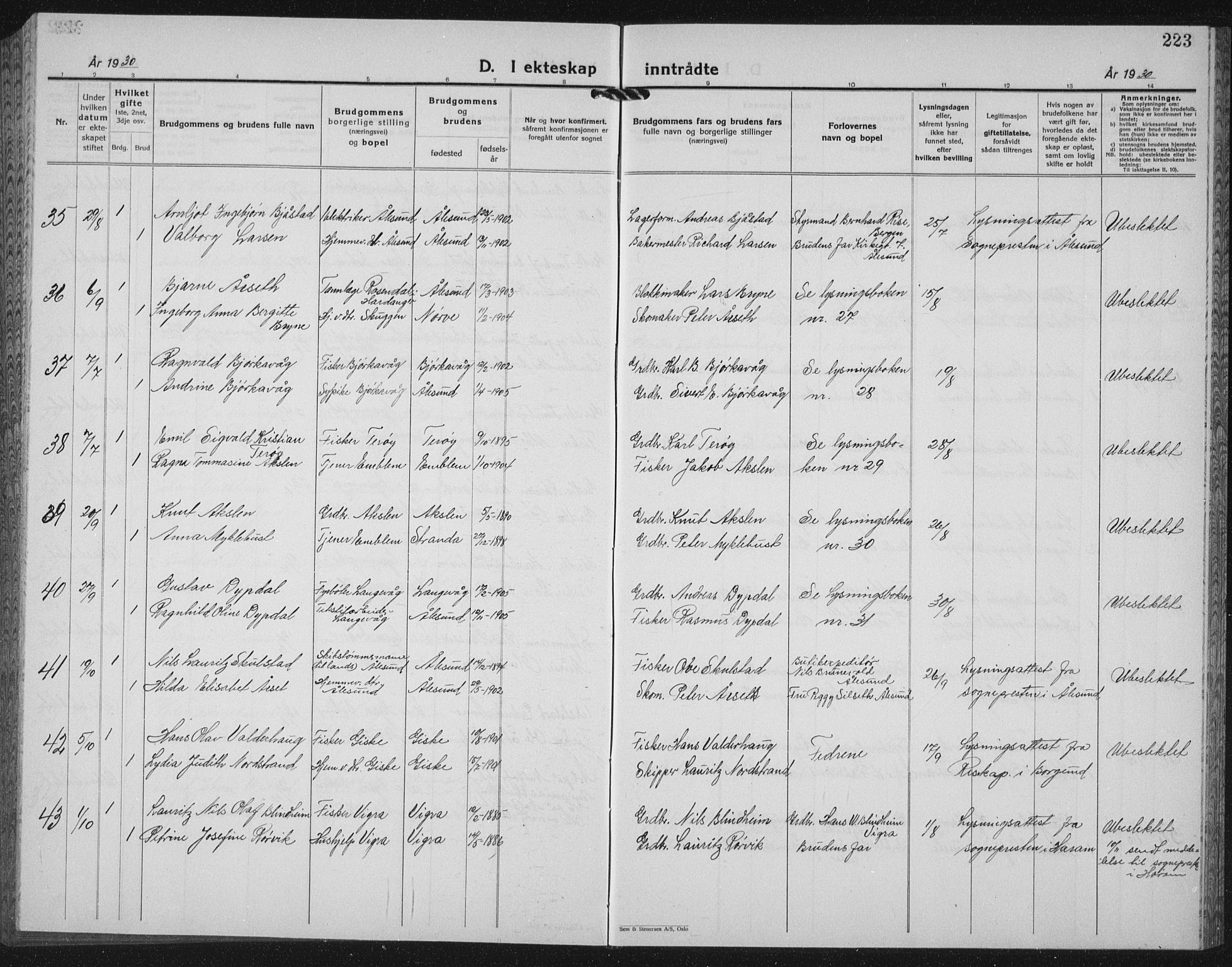 Ministerialprotokoller, klokkerbøker og fødselsregistre - Møre og Romsdal, AV/SAT-A-1454/528/L0436: Klokkerbok nr. 528C17, 1927-1939, s. 223