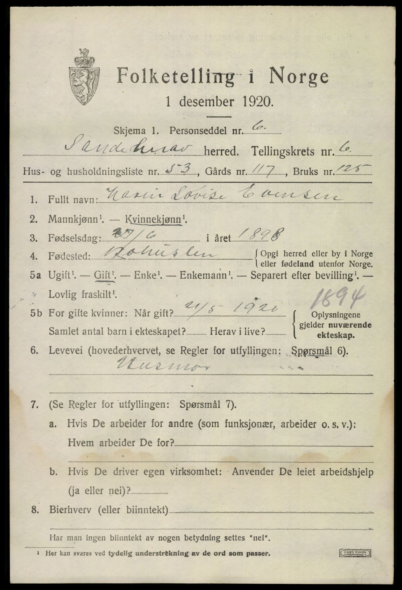 SAKO, Folketelling 1920 for 0724 Sandeherred herred, 1920, s. 10286