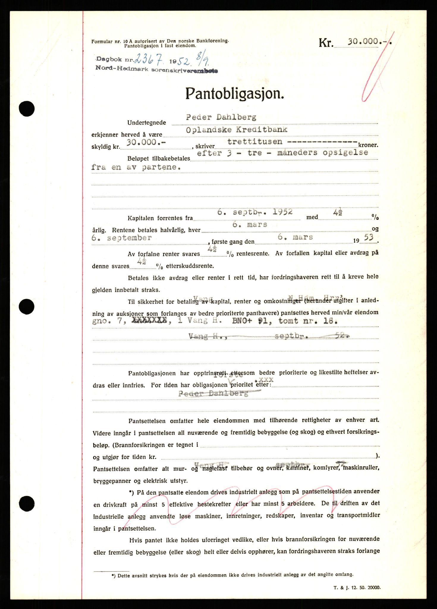 Nord-Hedmark sorenskriveri, SAH/TING-012/H/Hb/Hbf/L0025: Pantebok nr. B25, 1952-1952, Dagboknr: 2367/1952