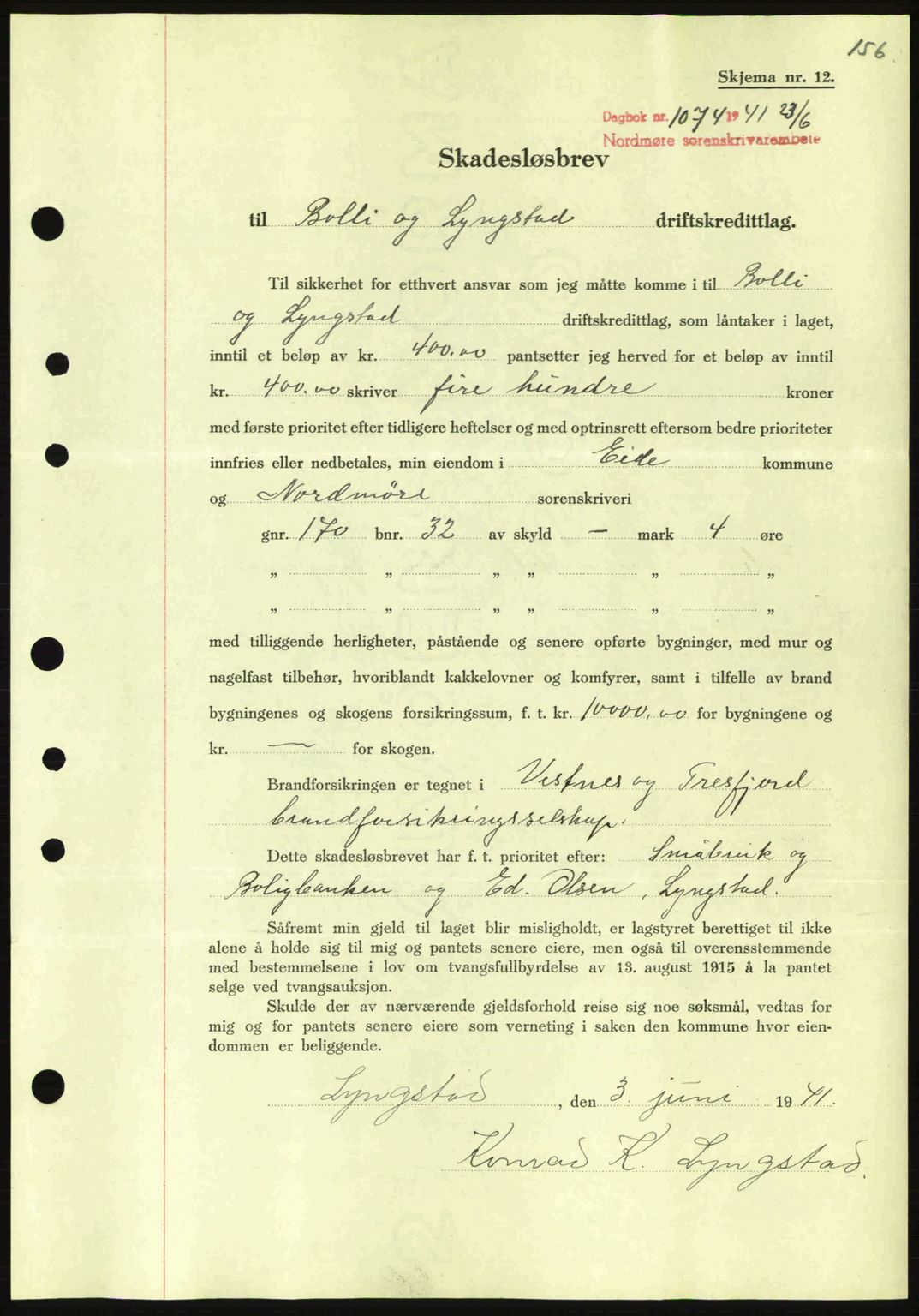 Nordmøre sorenskriveri, SAT/A-4132/1/2/2Ca: Pantebok nr. B88, 1941-1942, Dagboknr: 1074/1941