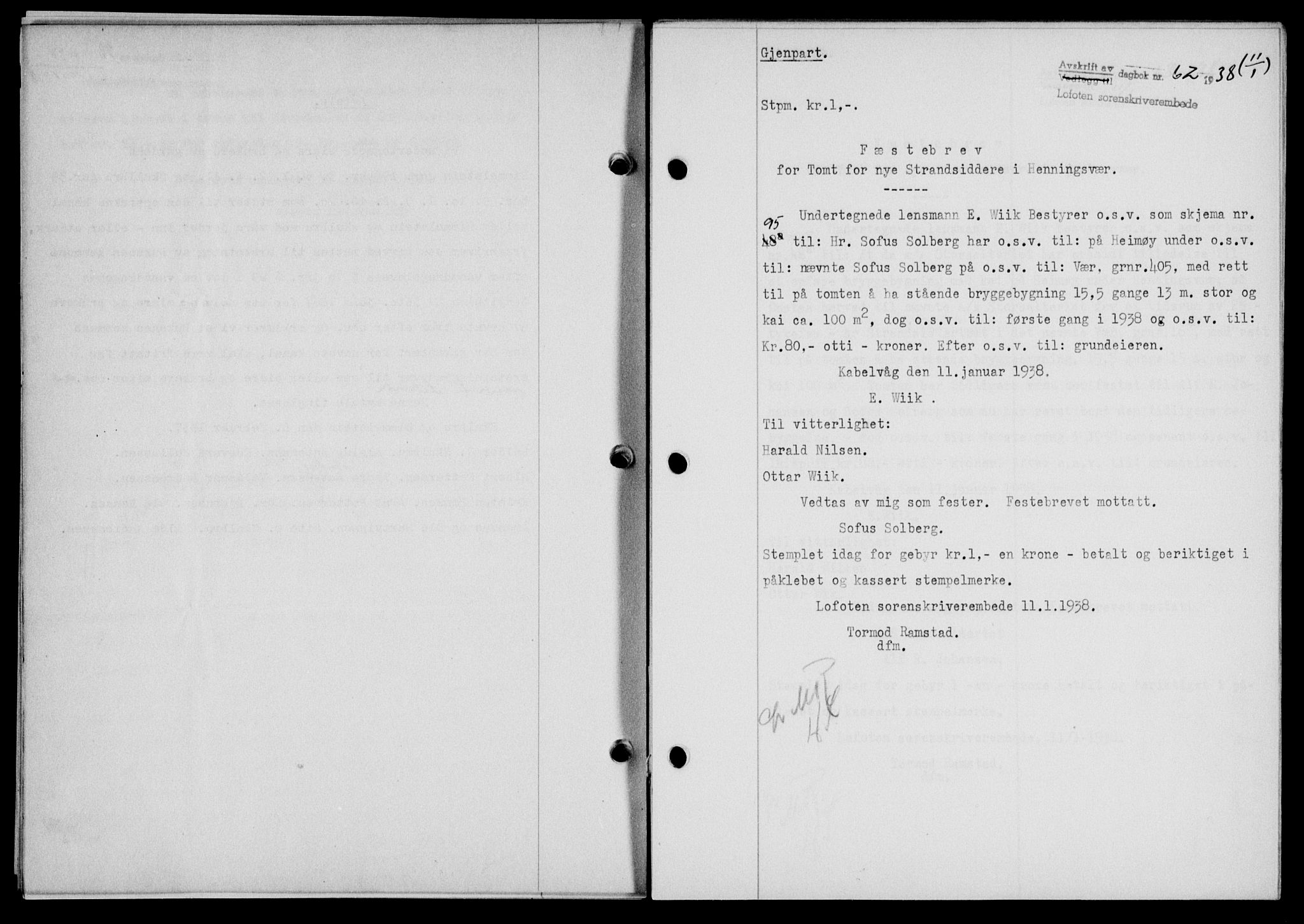 Lofoten sorenskriveri, SAT/A-0017/1/2/2C/L0003a: Pantebok nr. 3a, 1937-1938, Dagboknr: 62/1938