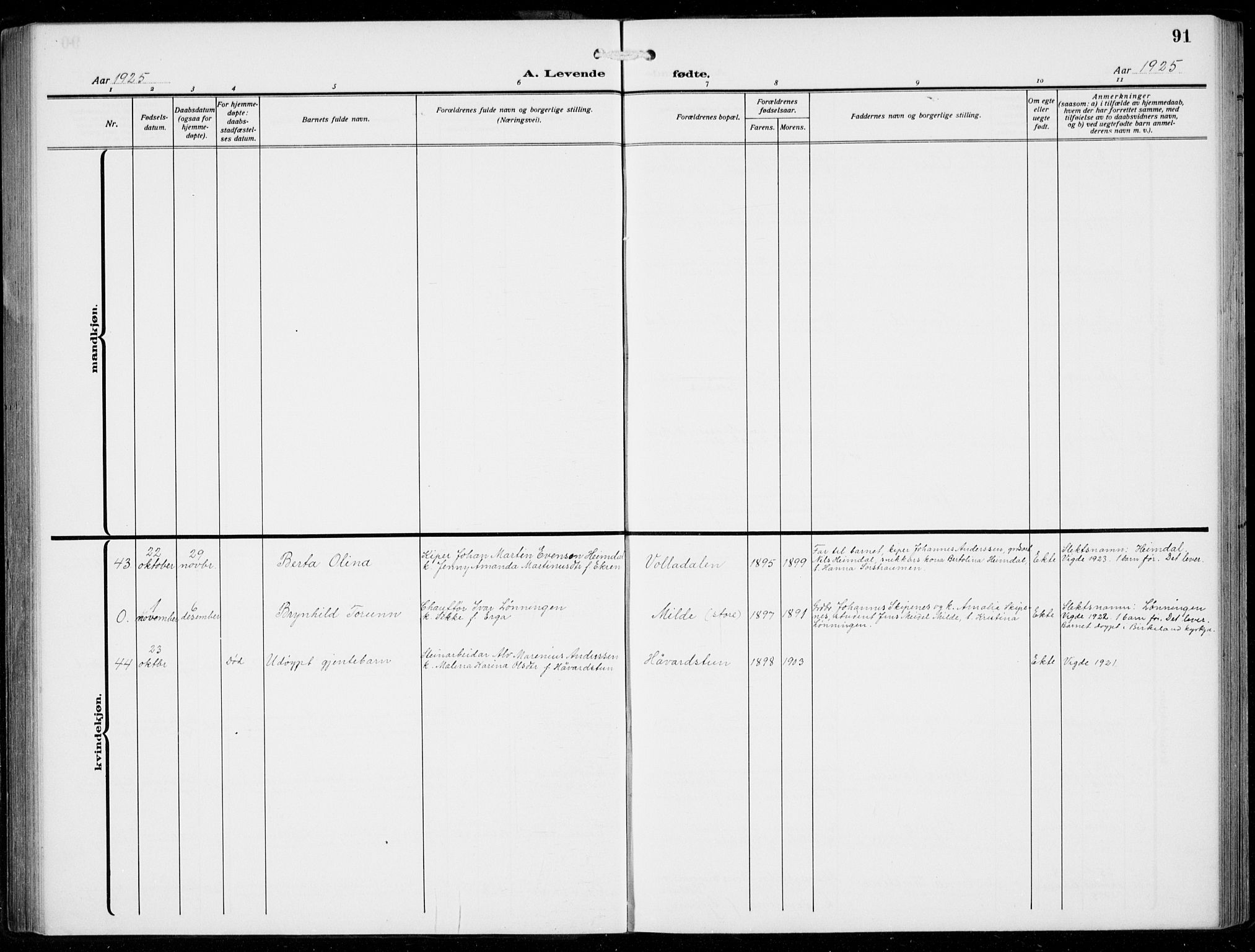 Fana Sokneprestembete, AV/SAB-A-75101/H/Hab/Haba/L0005: Klokkerbok nr. A 5, 1911-1932, s. 91