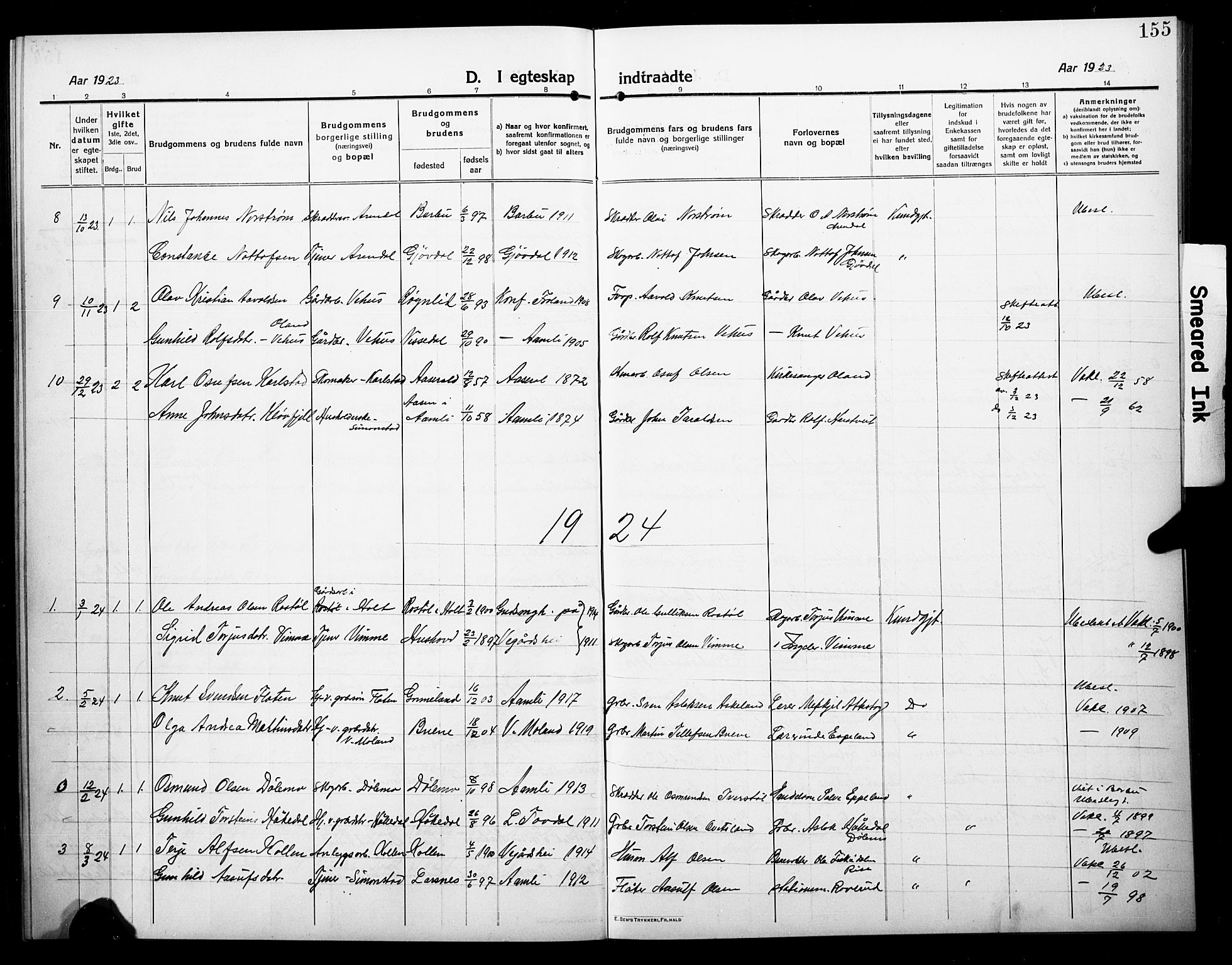 Åmli sokneprestkontor, AV/SAK-1111-0050/F/Fb/Fbc/L0006: Klokkerbok nr. B 6, 1915-1929, s. 155