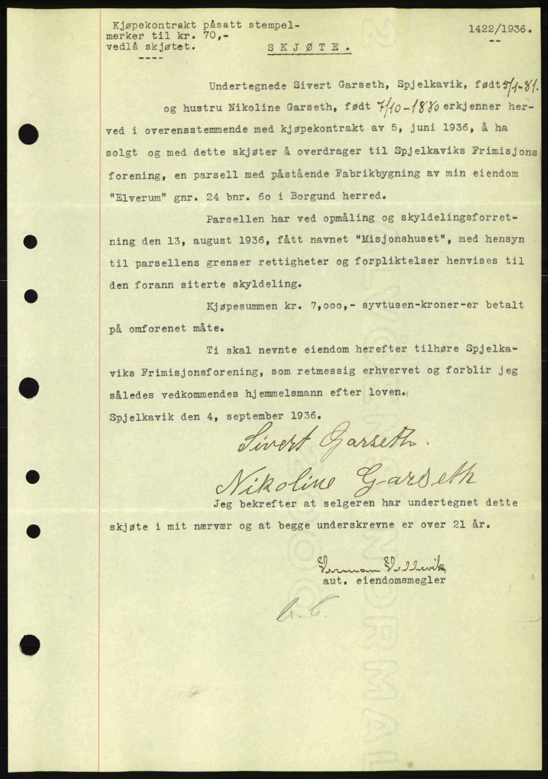 Nordre Sunnmøre sorenskriveri, SAT/A-0006/1/2/2C/2Ca: Pantebok nr. A2, 1936-1937, Dagboknr: 1422/1936