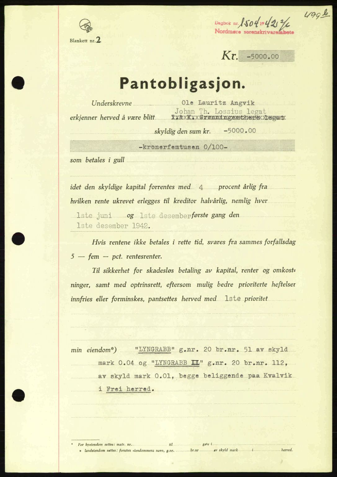 Nordmøre sorenskriveri, AV/SAT-A-4132/1/2/2Ca: Pantebok nr. B89, 1942-1942, Dagboknr: 1504/1942