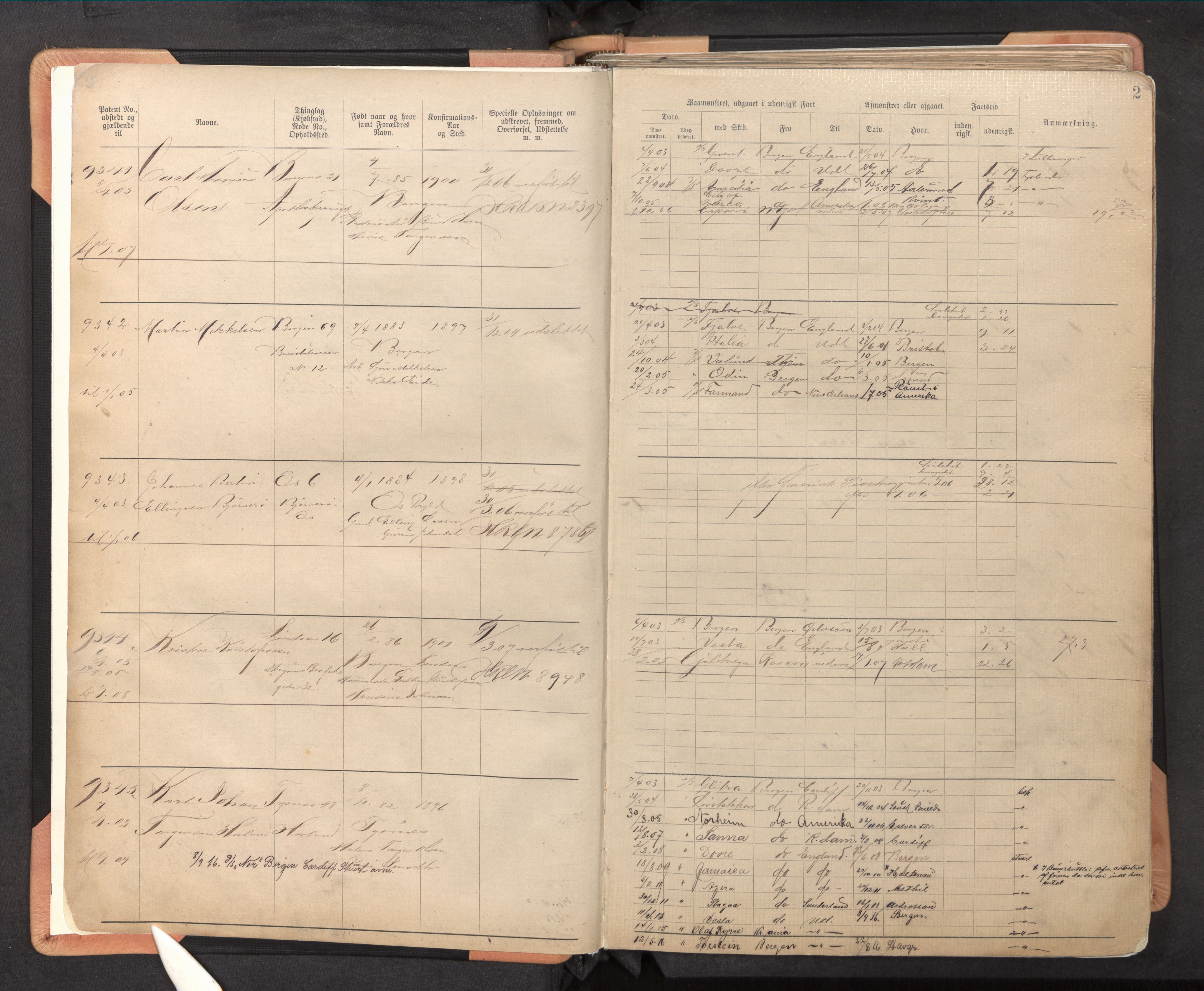 Innrulleringssjefen i Bergen, AV/SAB-A-100050/F/Fb/L0009: Sjøfarts-annotasjonsrulle, nr. 9336 - 10595, 1903-1907