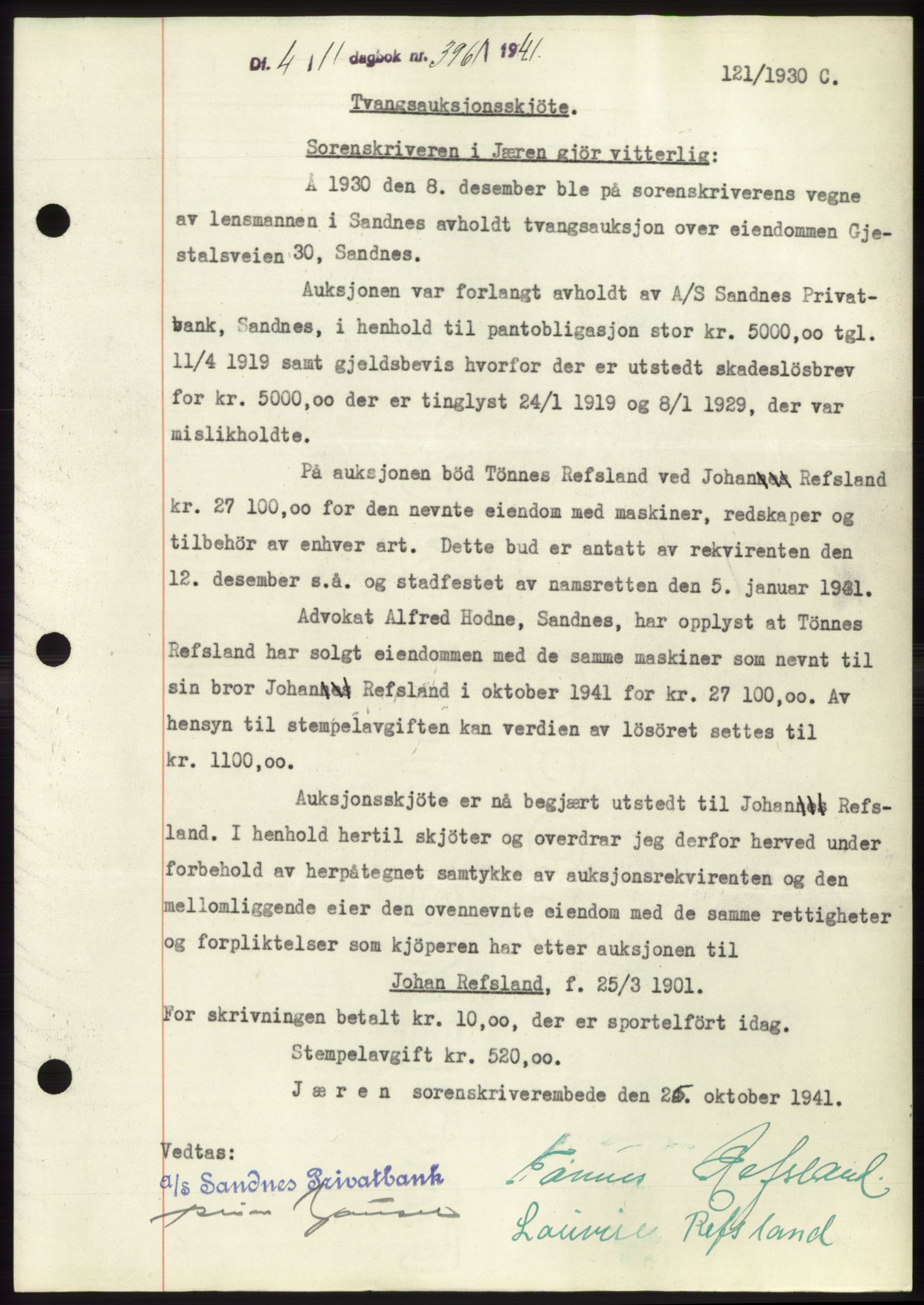 Jæren sorenskriveri, SAST/A-100310/03/G/Gba/L0081: Pantebok, 1941-1941, Dagboknr: 3961/1941