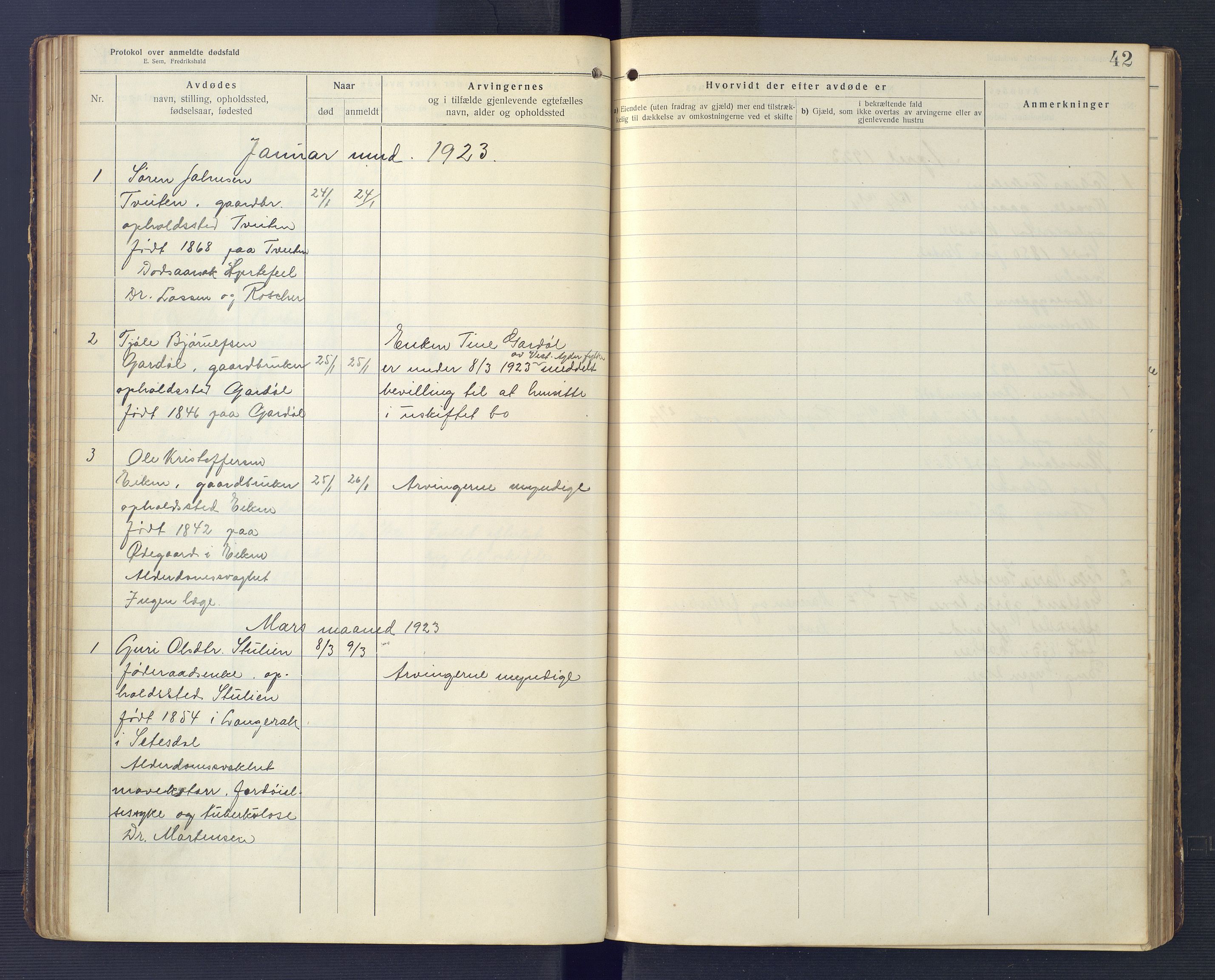 Hægebostad og Eiken lensmannskontor, AV/SAK-1241-0023/F/Fe/L0002: Dødsfallsprotokoll nr 34, 1917-1932, s. 42