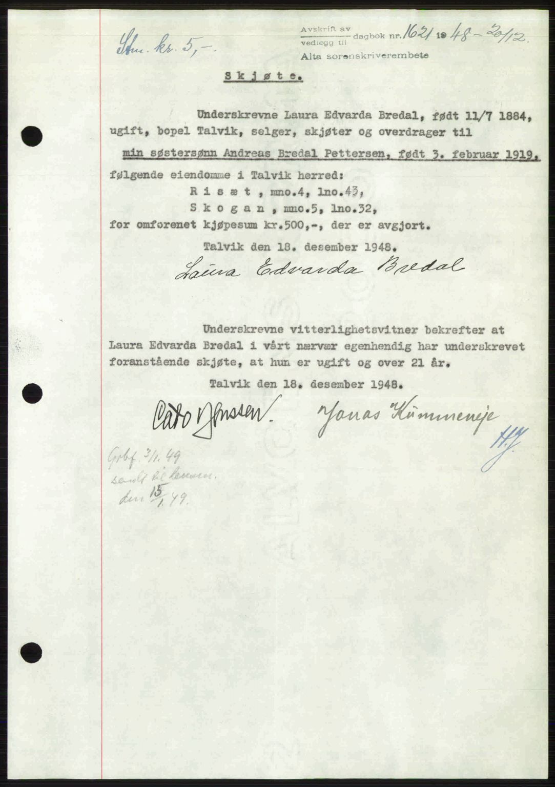 Alta fogderi/sorenskriveri, AV/SATØ-SATØ-5/1/K/Kd/L0037pantebok: Pantebok nr. 39-40, 1948-1949, Dagboknr: 1621/1948