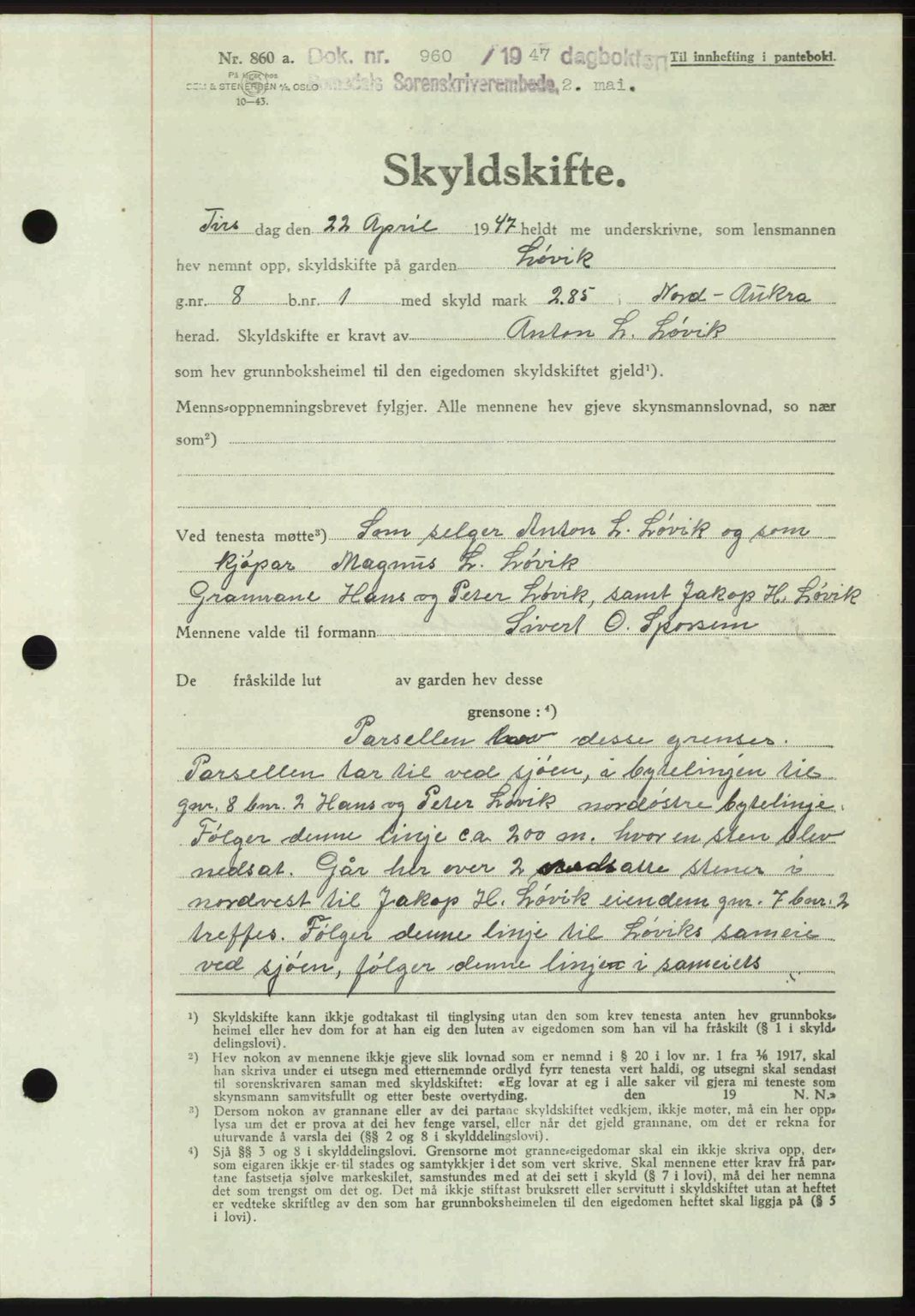 Romsdal sorenskriveri, AV/SAT-A-4149/1/2/2C: Pantebok nr. A22, 1947-1947, Dagboknr: 960/1947