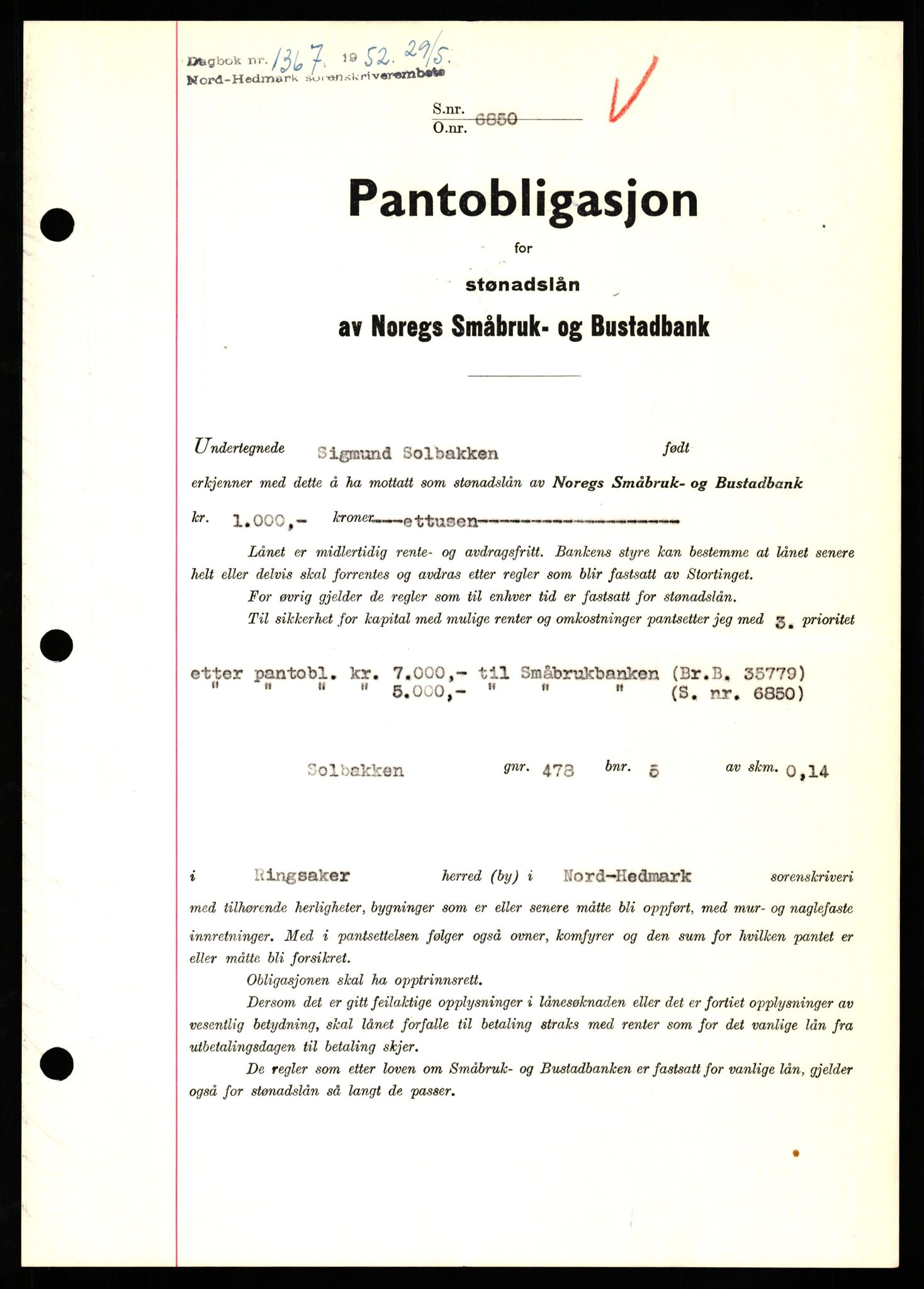 Nord-Hedmark sorenskriveri, SAH/TING-012/H/Hb/Hbf/L0025: Pantebok nr. B25, 1952-1952, Dagboknr: 1367/1952