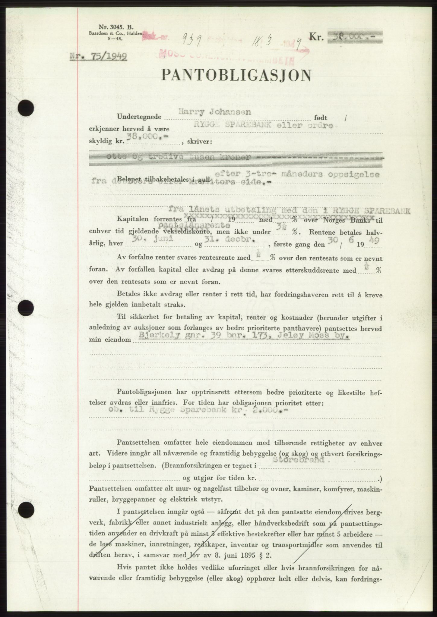Moss sorenskriveri, SAO/A-10168: Pantebok nr. B21, 1949-1949, Dagboknr: 939/1949