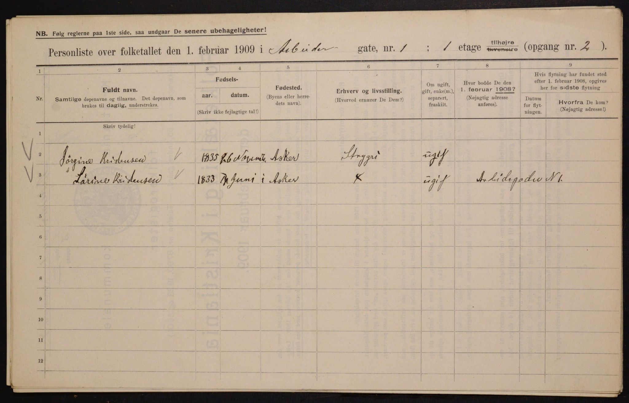 OBA, Kommunal folketelling 1.2.1909 for Kristiania kjøpstad, 1909, s. 1423