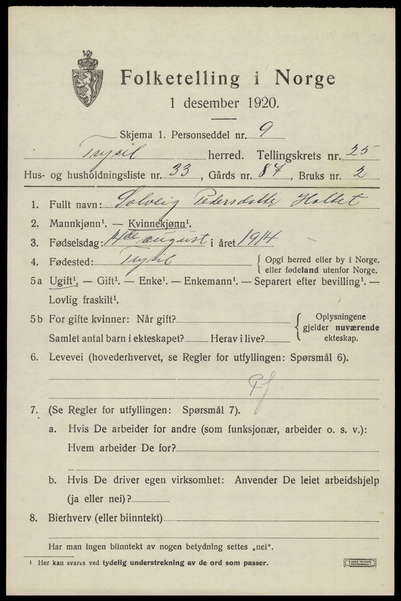 SAH, Folketelling 1920 for 0428 Trysil herred, 1920, s. 16091
