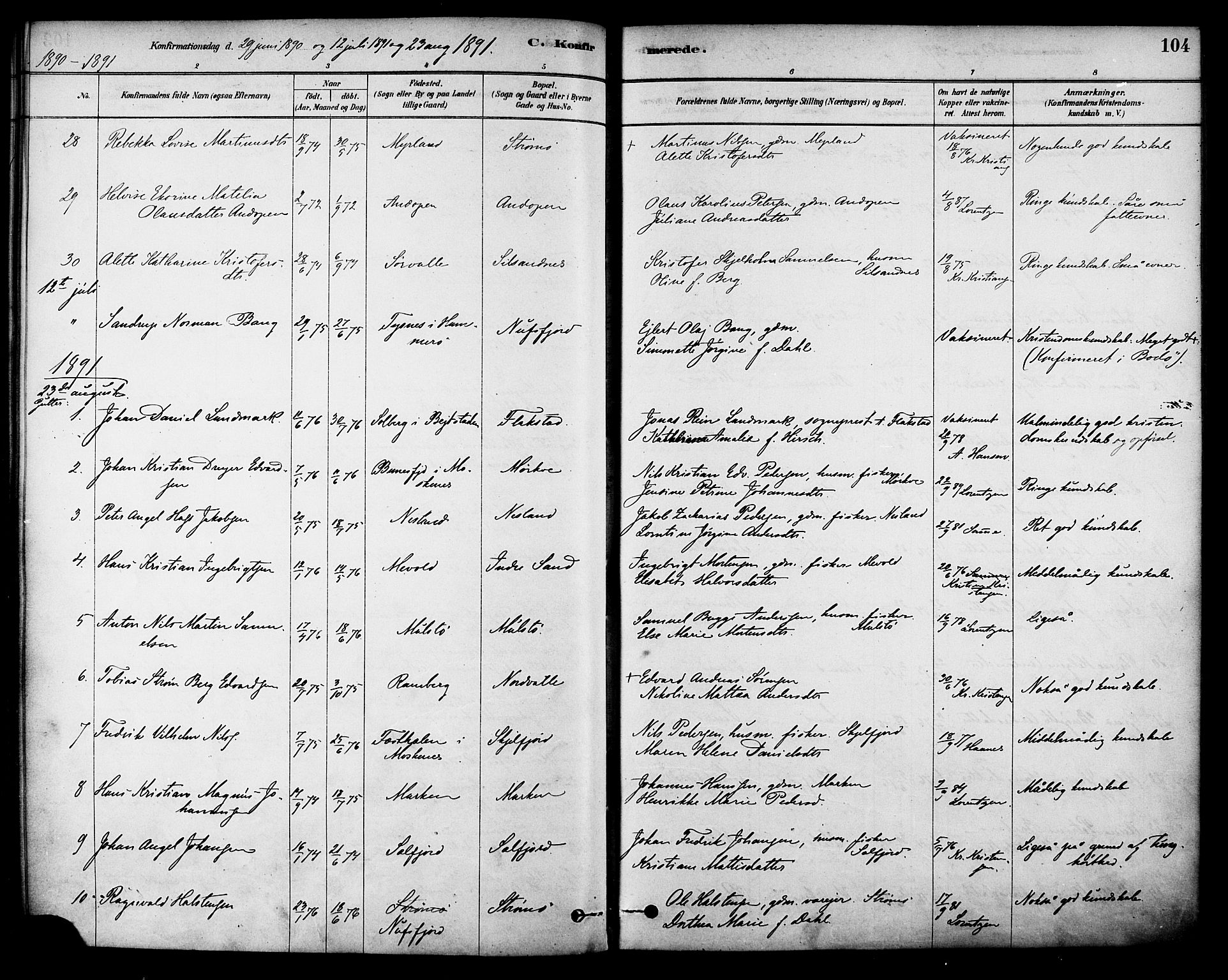 Ministerialprotokoller, klokkerbøker og fødselsregistre - Nordland, SAT/A-1459/885/L1204: Ministerialbok nr. 885A05, 1878-1892, s. 104