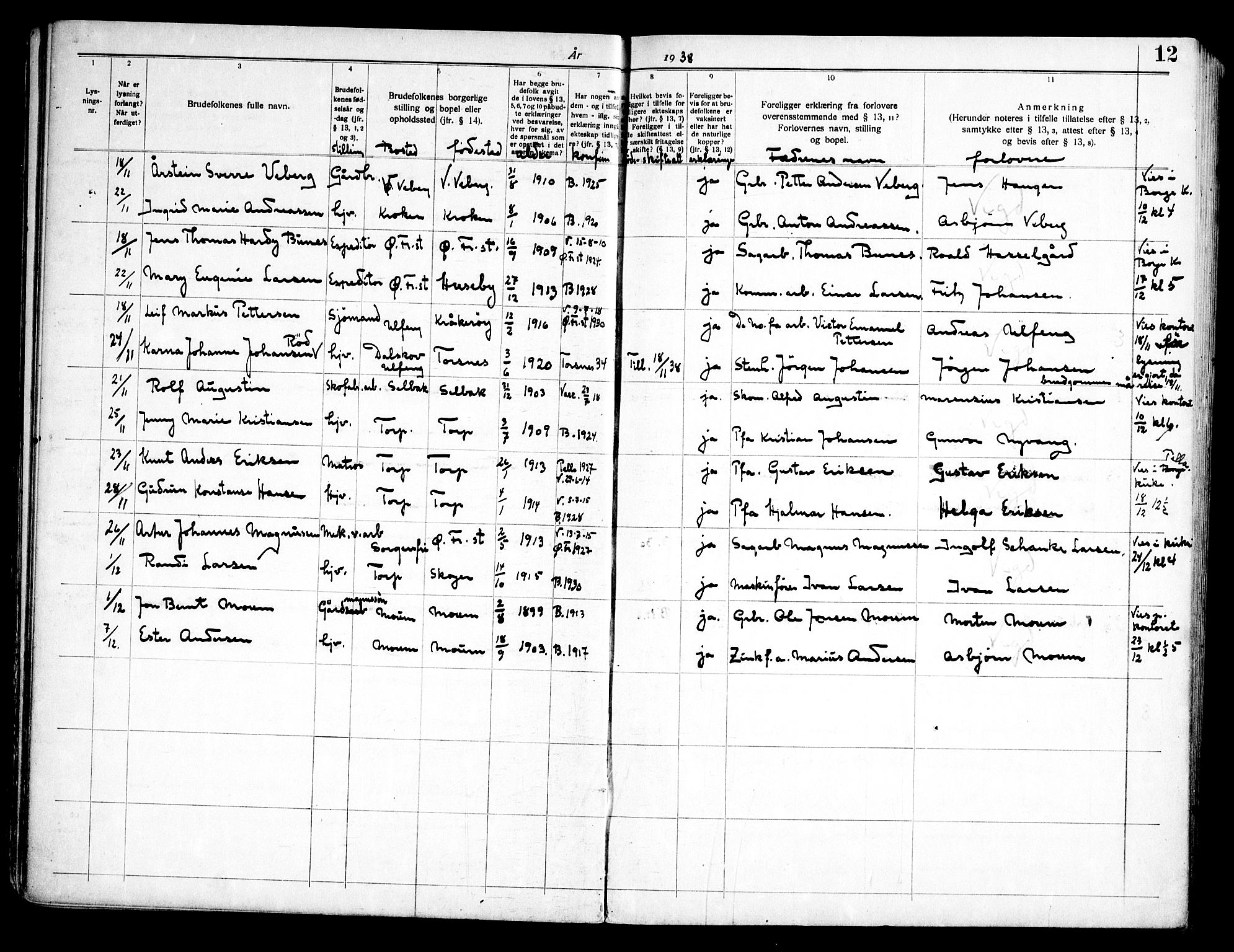 Borge prestekontor Kirkebøker, AV/SAO-A-10903/H/Ha/L0002: Lysningsprotokoll nr. I 2, 1937-1956, s. 12