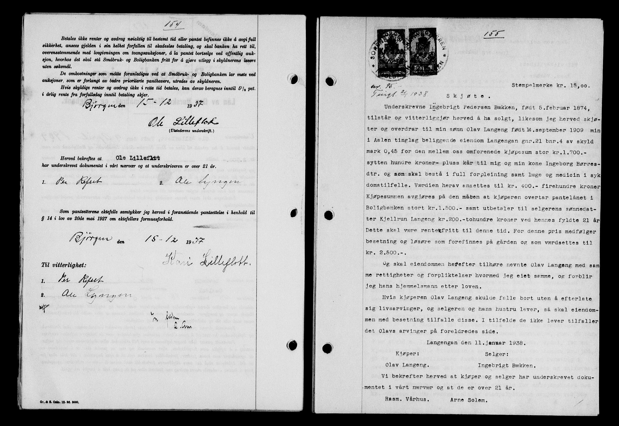 Gauldal sorenskriveri, SAT/A-0014/1/2/2C/L0048: Pantebok nr. 51-52, 1937-1938, s. 154-155, Dagboknr: 95/1938