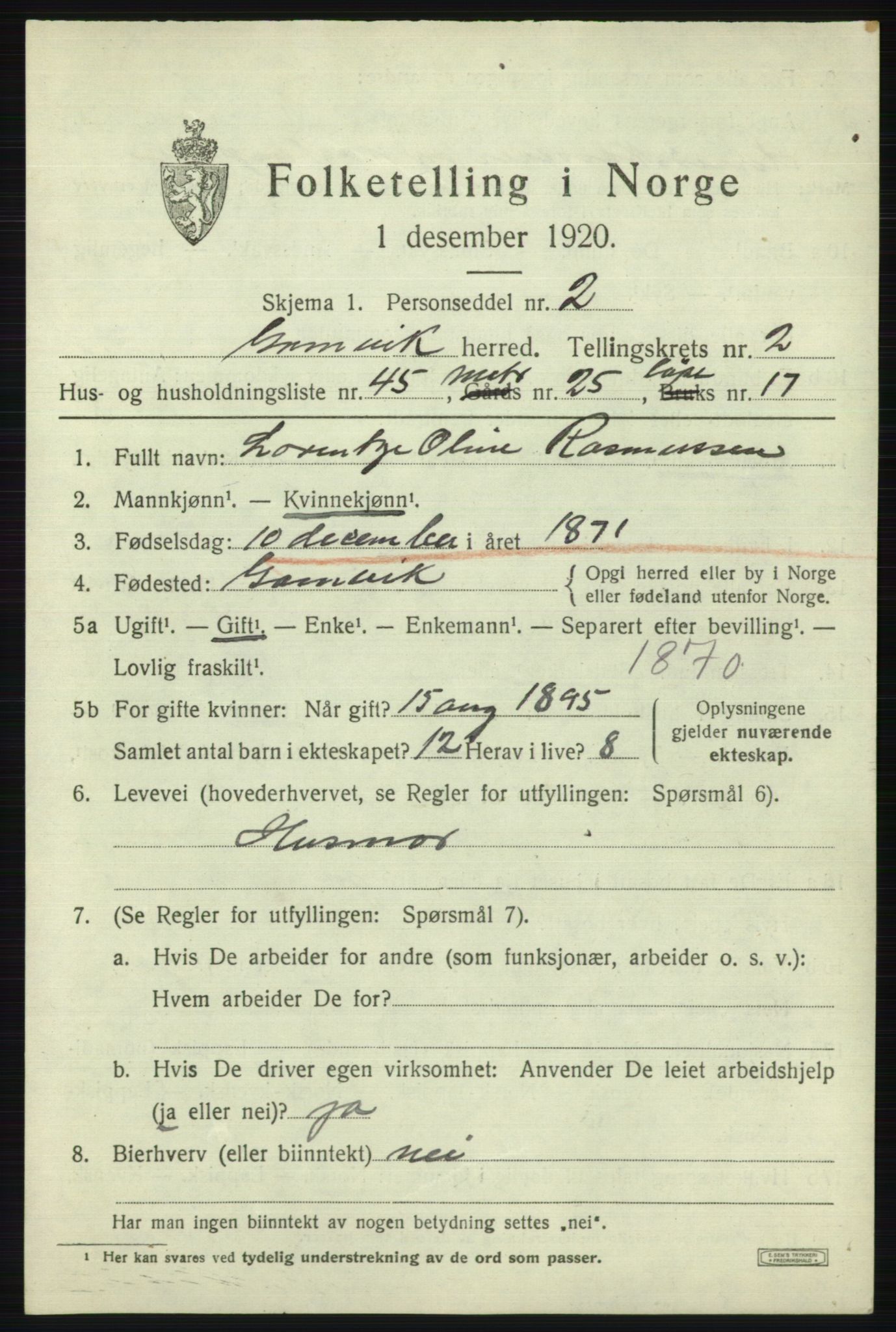 SATØ, Folketelling 1920 for 2023 Gamvik herred, 1920, s. 2030