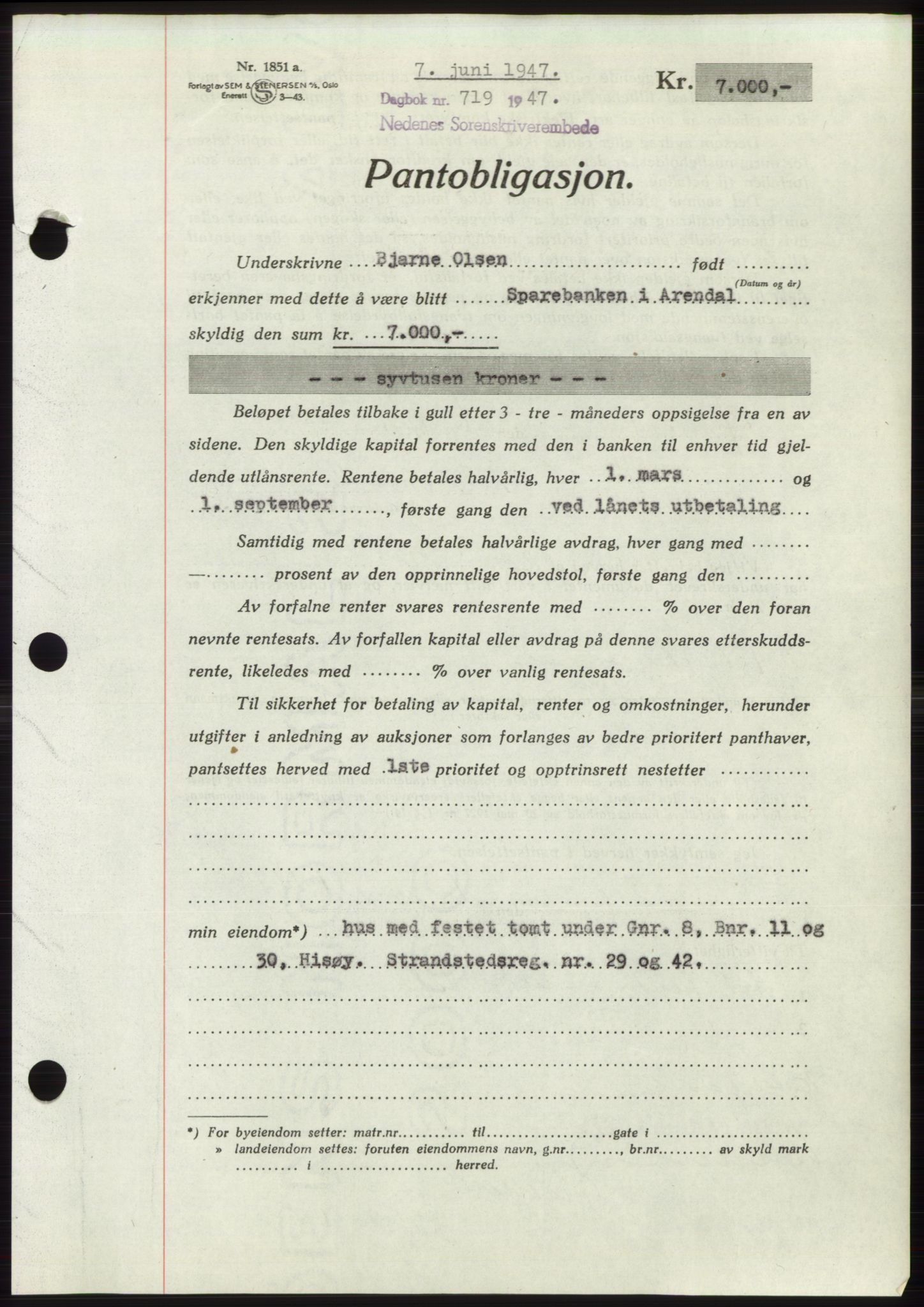 Nedenes sorenskriveri, SAK/1221-0006/G/Gb/Gbb/L0004: Pantebok nr. B4, 1947-1947, Dagboknr: 719/1947