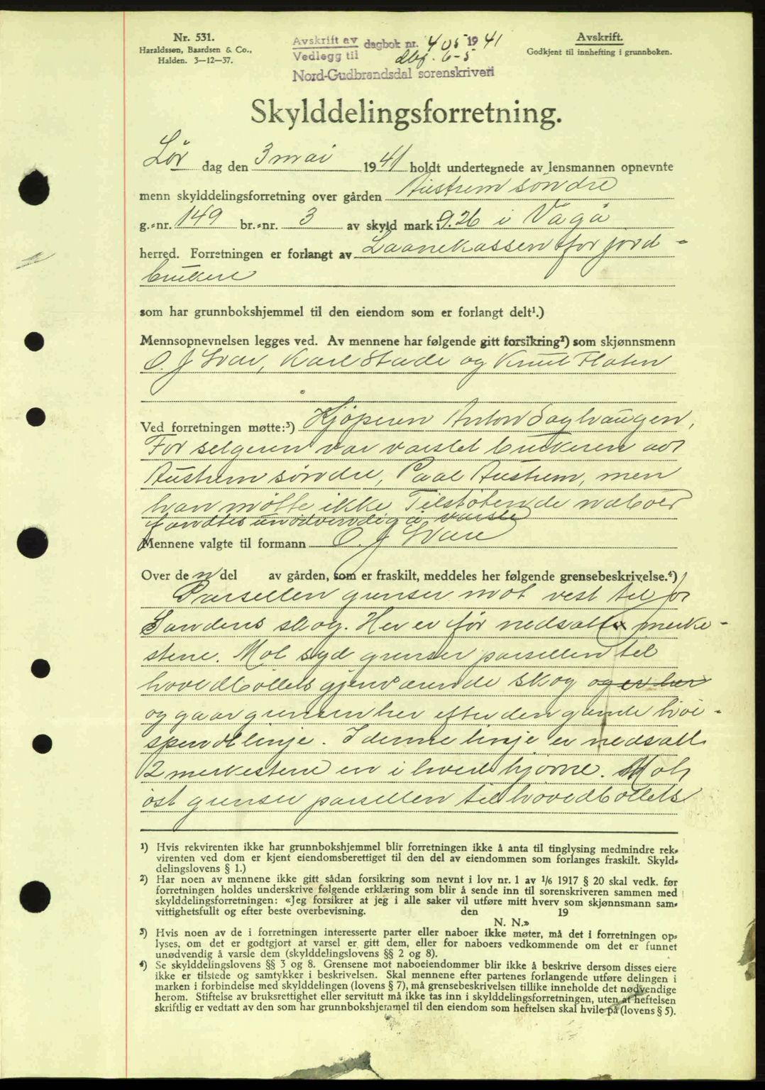 Nord-Gudbrandsdal tingrett, SAH/TING-002/H/Hb/Hbb/L0007: Pantebok nr. FA7, 1941-1941, Dagboknr: 405/1941