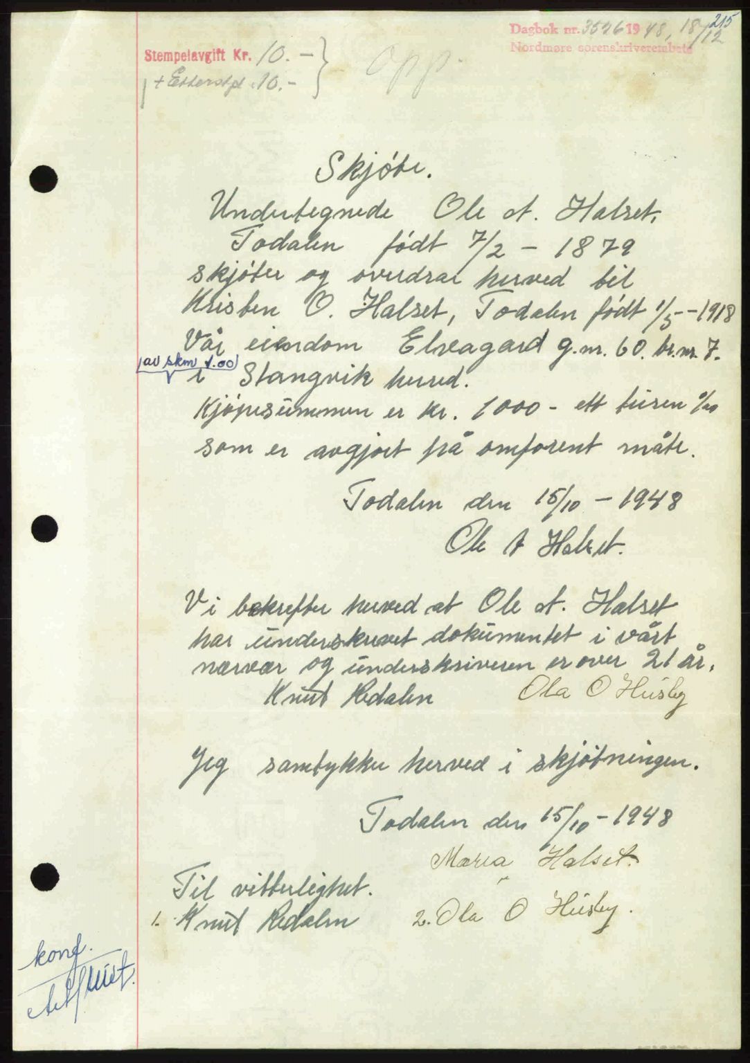 Nordmøre sorenskriveri, SAT/A-4132/1/2/2Ca: Pantebok nr. A110, 1948-1949, Dagboknr: 3526/1948