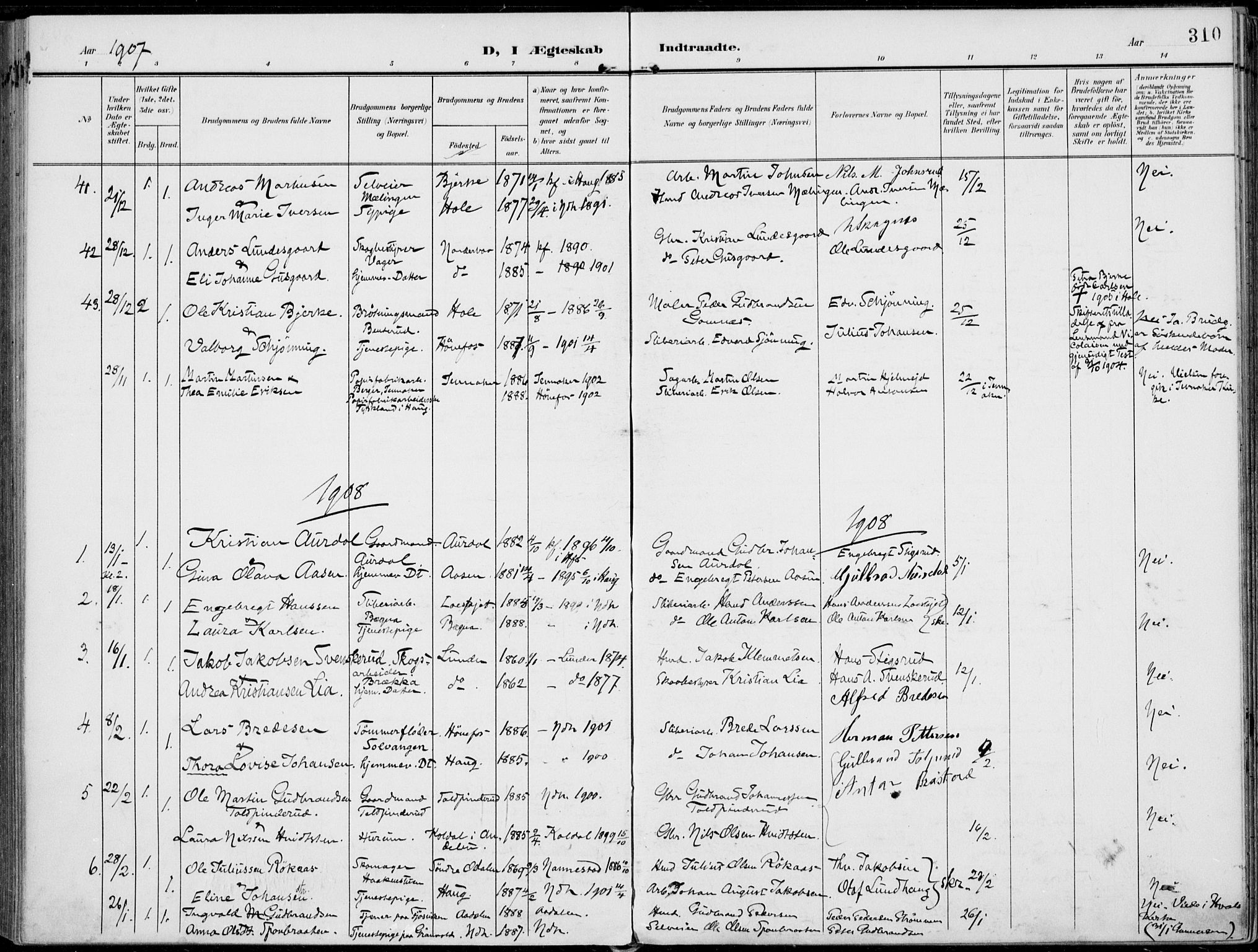 Norderhov kirkebøker, AV/SAKO-A-237/F/Fa/L0017: Ministerialbok nr. 17, 1903-1919, s. 310