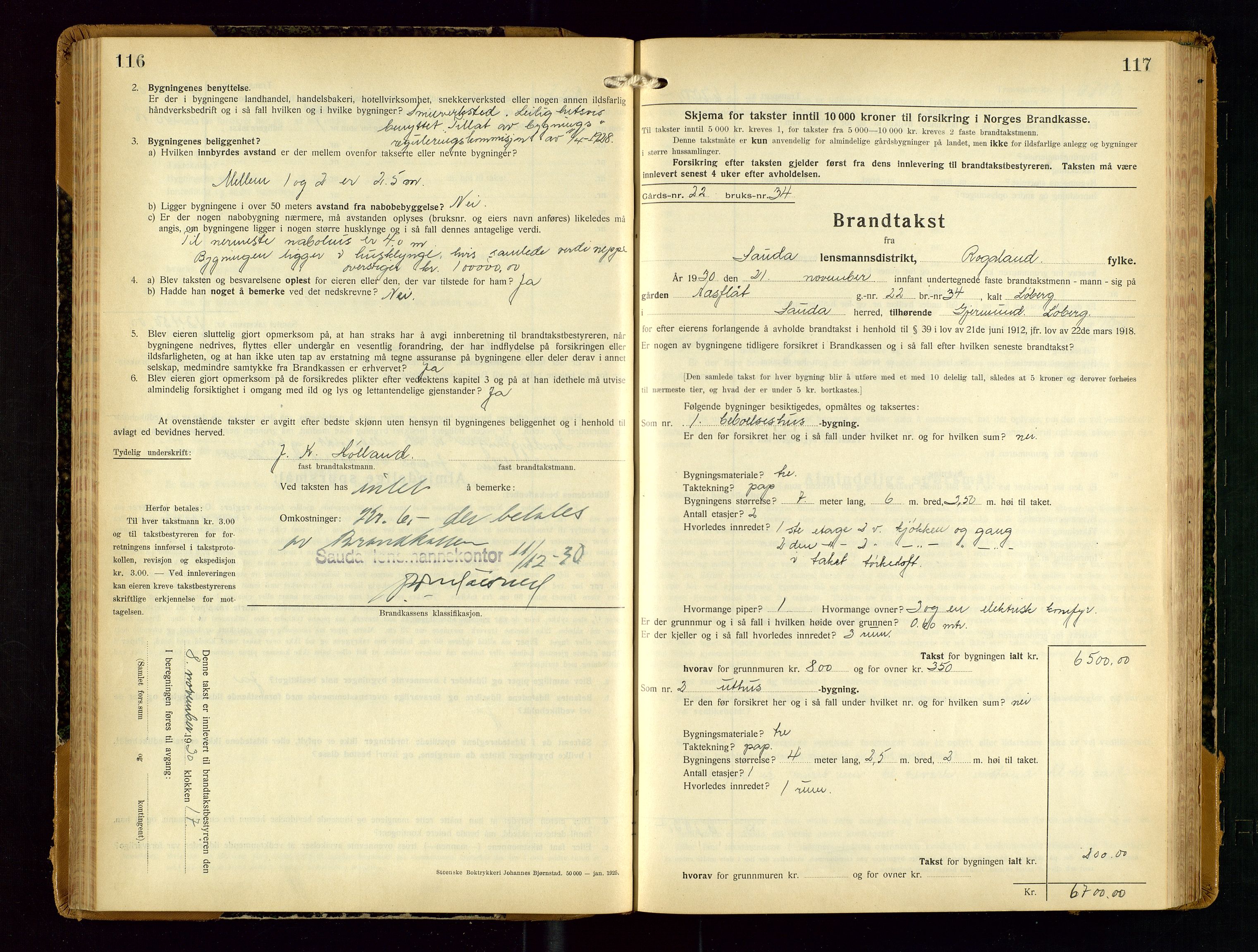 Sauda lensmannskontor, AV/SAST-A-100177/Gob/L0003: Branntakstprotokoll - skjematakst, 1928-1936, s. 116-117