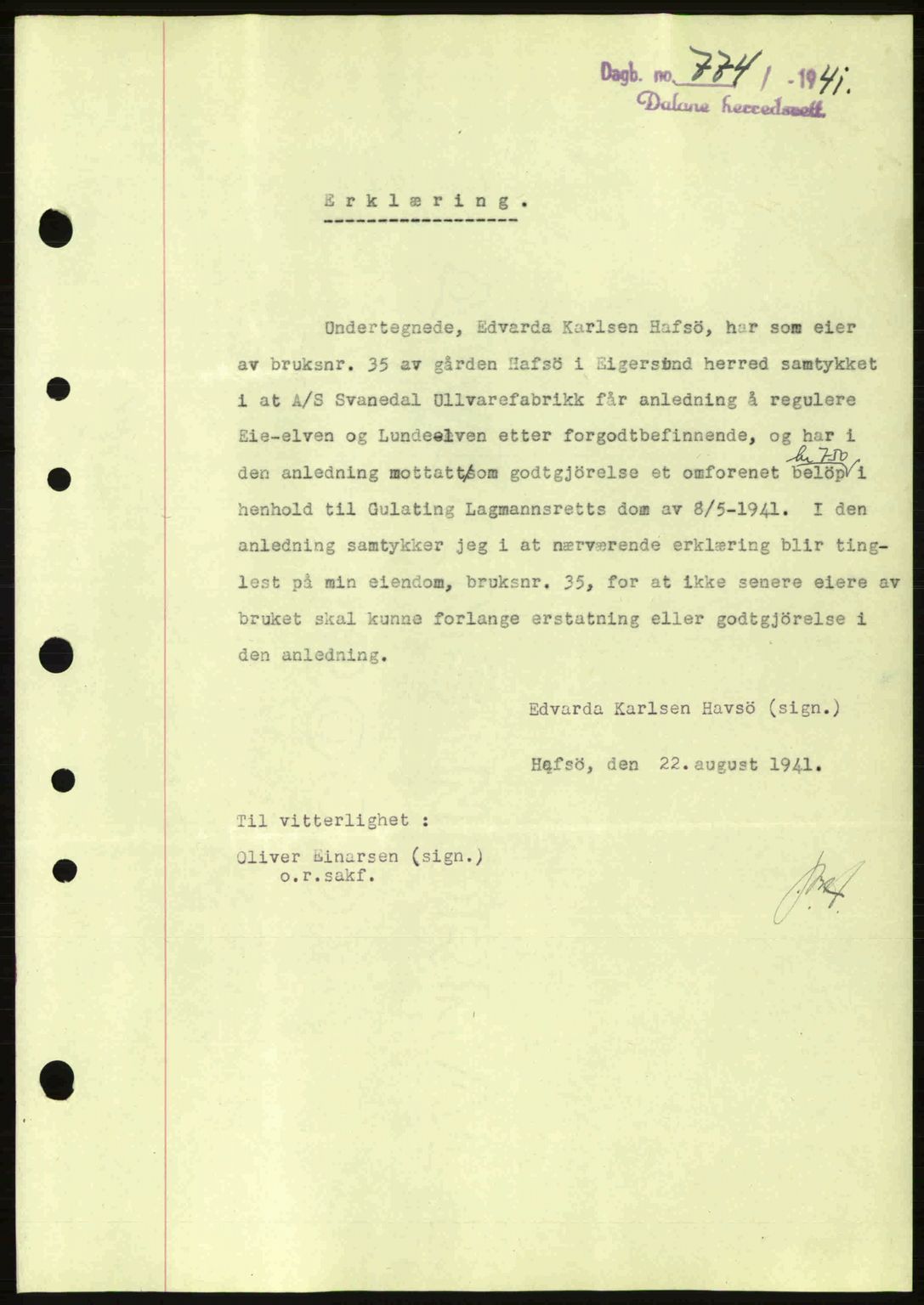Dalane sorenskriveri, SAST/A-100309/02/G/Gb/L0045: Pantebok nr. A6, 1941-1942, Dagboknr: 774/1941