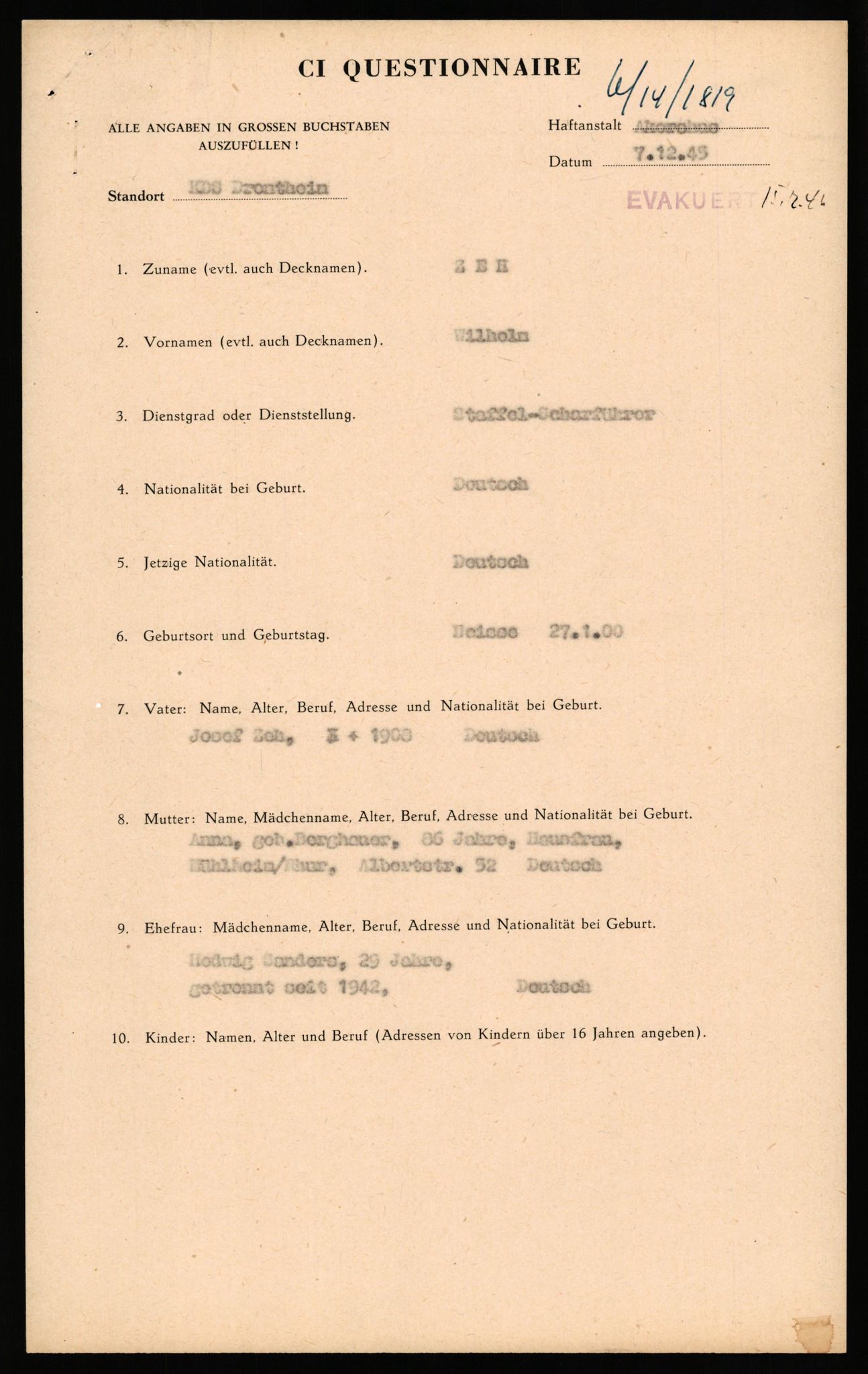 Forsvaret, Forsvarets overkommando II, AV/RA-RAFA-3915/D/Db/L0037: CI Questionaires. Tyske okkupasjonsstyrker i Norge. Tyskere., 1945-1946, s. 97