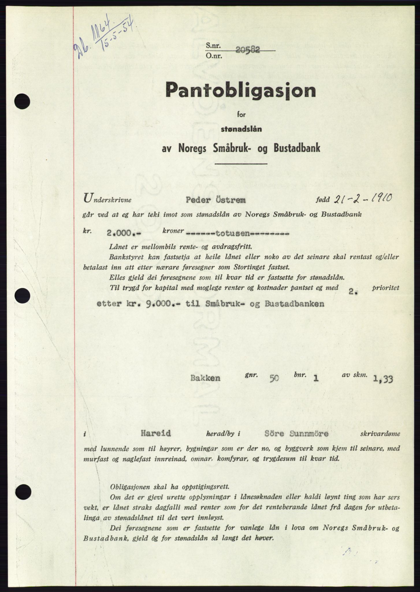 Søre Sunnmøre sorenskriveri, SAT/A-4122/1/2/2C/L0125: Pantebok nr. 13B, 1954-1954, Dagboknr: 1164/1954