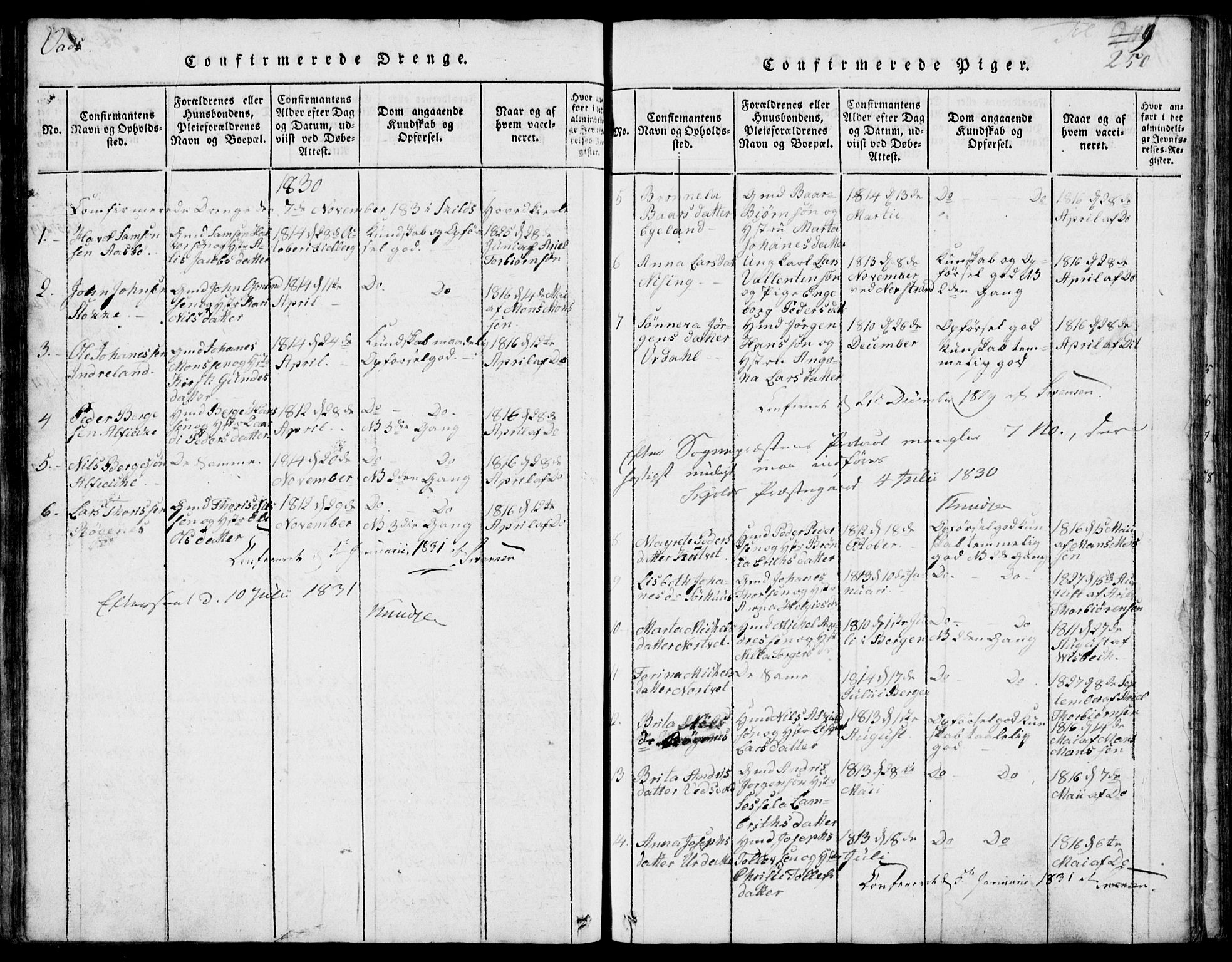 Skjold sokneprestkontor, SAST/A-101847/H/Ha/Hab/L0002: Klokkerbok nr. B 2 /2, 1815-1830, s. 250