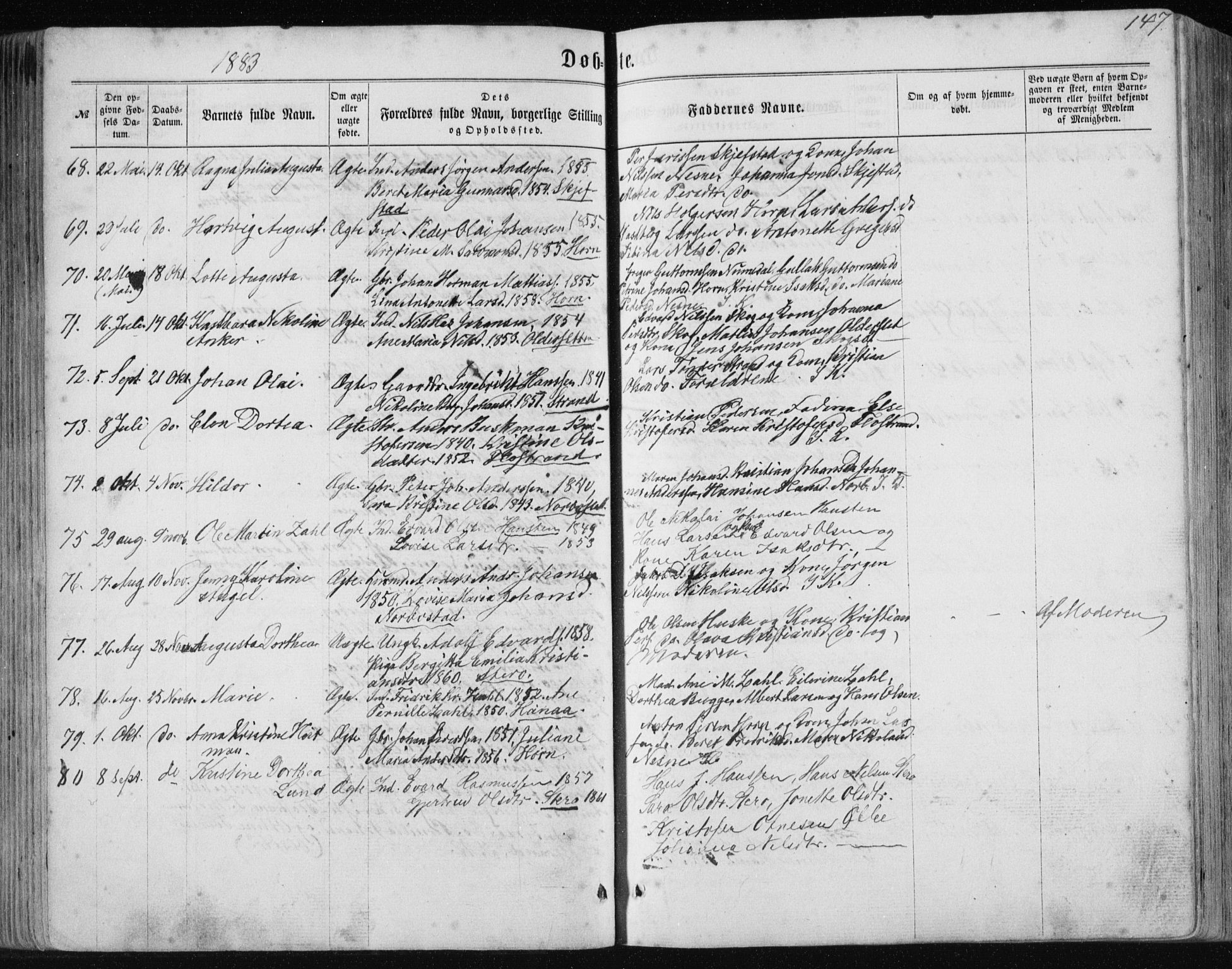 Ministerialprotokoller, klokkerbøker og fødselsregistre - Nordland, AV/SAT-A-1459/838/L0556: Klokkerbok nr. 838C03, 1861-1893, s. 147