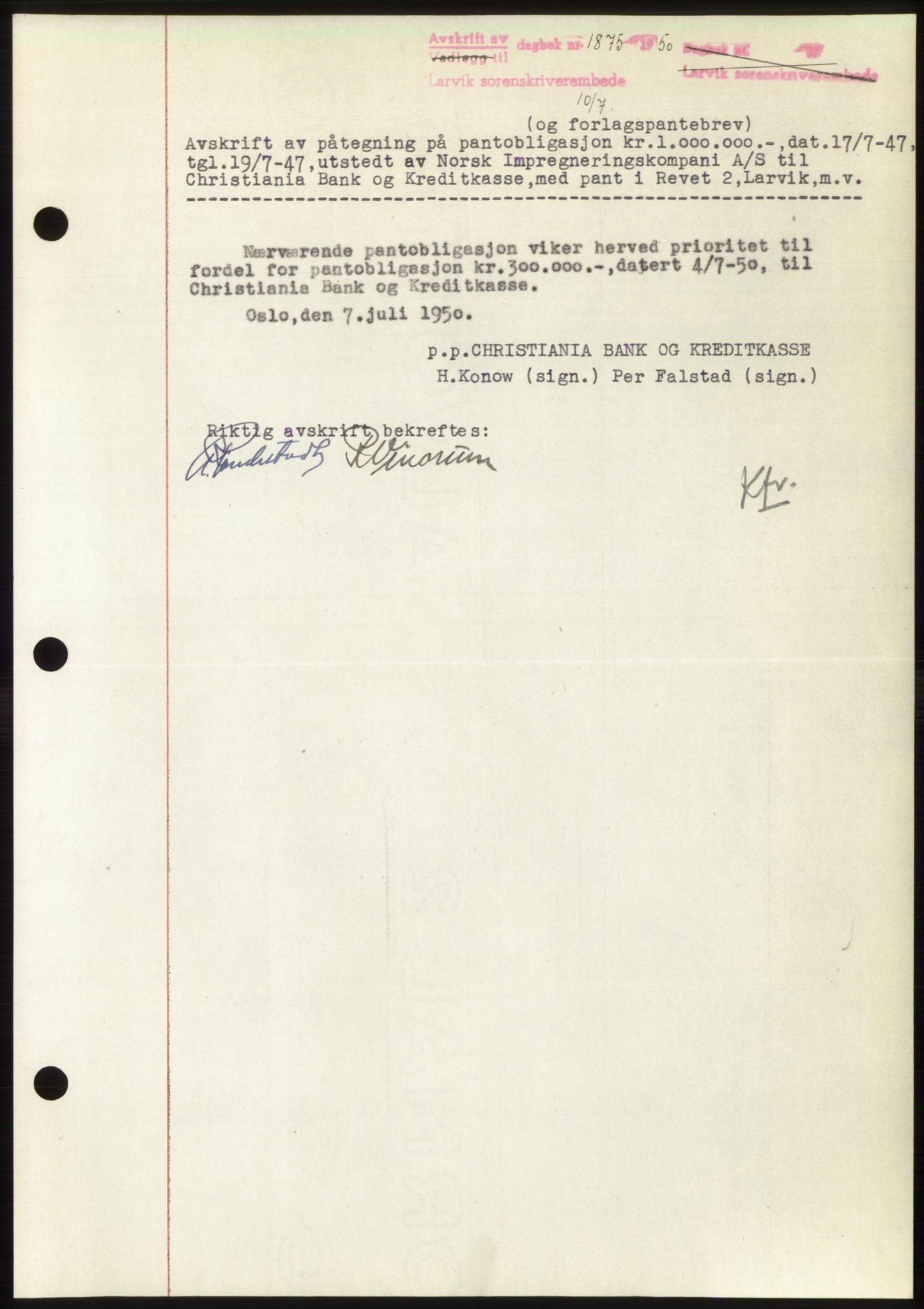 Larvik sorenskriveri, AV/SAKO-A-83/G/Ga/Gac/L0018: Pantebok nr. B-18, 1950-1950, Dagboknr: 1875/1950