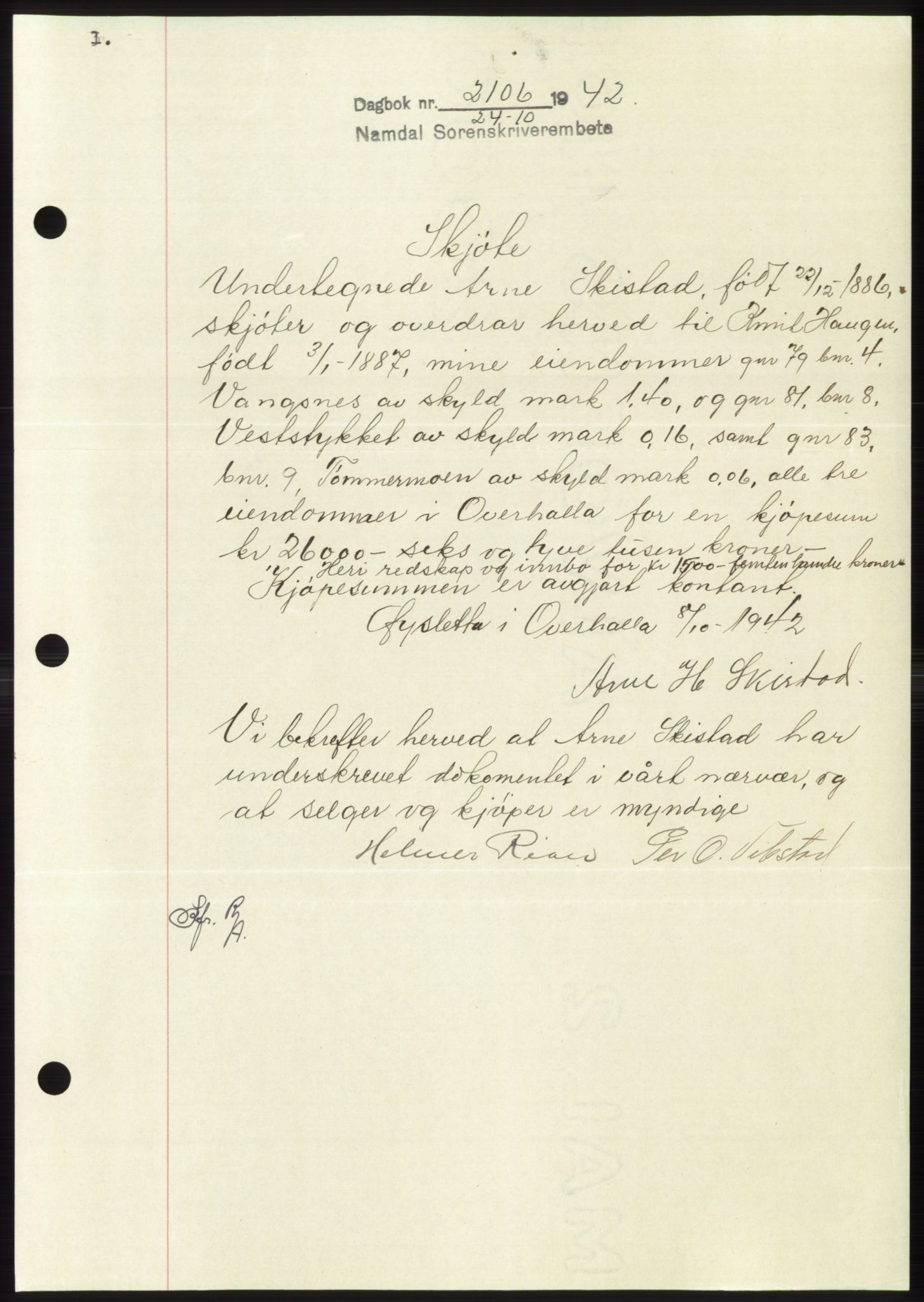 Namdal sorenskriveri, SAT/A-4133/1/2/2C: Pantebok nr. -, 1942-1943, Dagboknr: 2106/1942