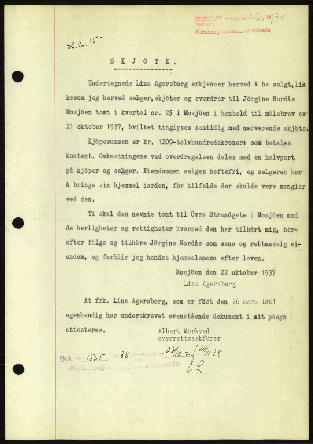 Alstahaug sorenskriveri, SAT/A-1009: Pantebok nr. A3, 1937-1938, Dagboknr: 1565/1938